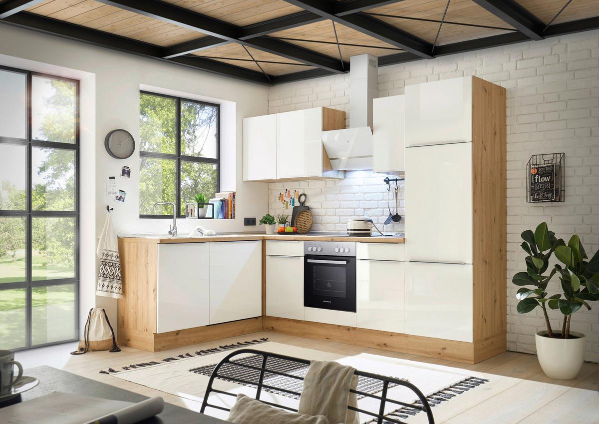 Eckküche mit Geräten 280x170 cm Weiß/Eiche Dekor, Modern - Weiß Hochglanz/Eiche Artisan, LIFESTYLE, Holzwerkstoff (280/170cm) - Respekta