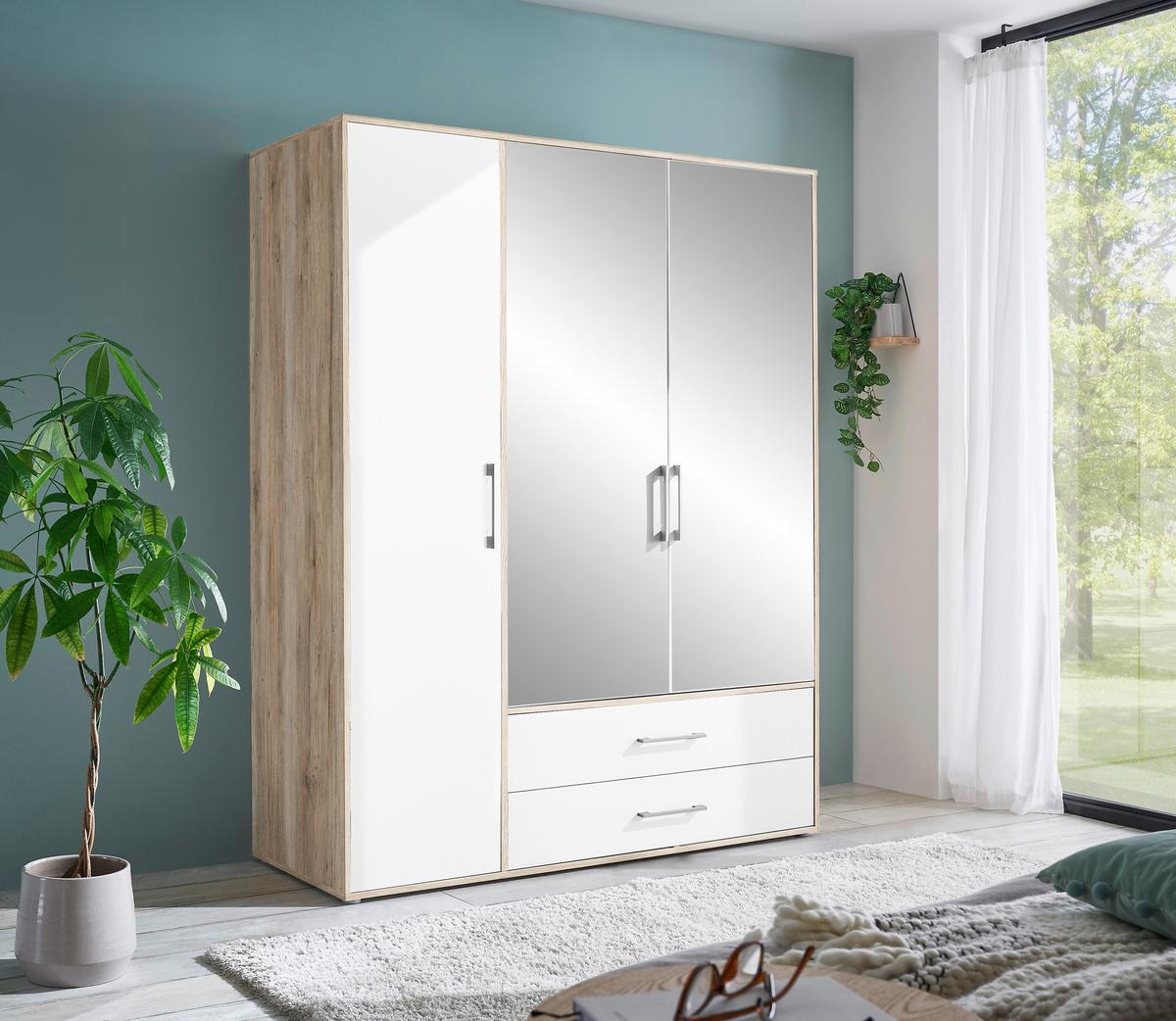 Kleiderschrank M. Spiegel 3trg Lembo San Remo/weiß B: 155 Cm - Alufarben/Weiß, KONVENTIONELL, Glas/Holzwerkstoff (155/195/60cm)