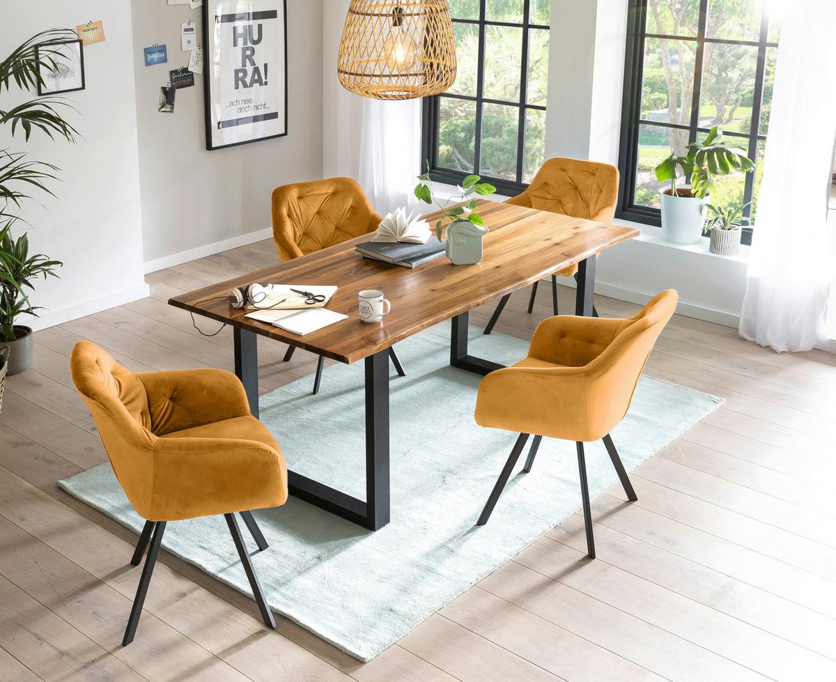 Tischgruppe Cognac/Senfgelb L: 160 cm - Cognac/Senfgelb, MODERN, Holz/Textil (160/85/77cm) - Livetastic