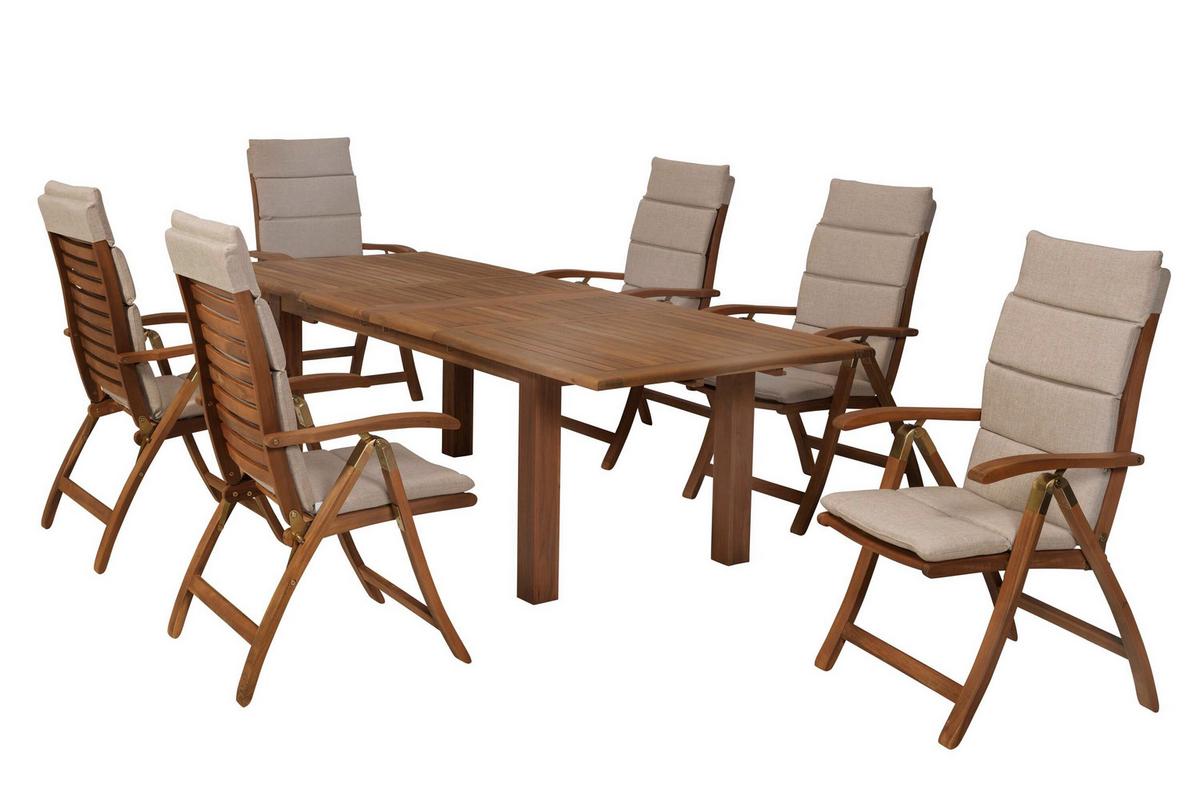 Gartentischgruppe 7tlg. Set - Beige/Akaziefarben, KONVENTIONELL, Holz/Textil - Gardenson