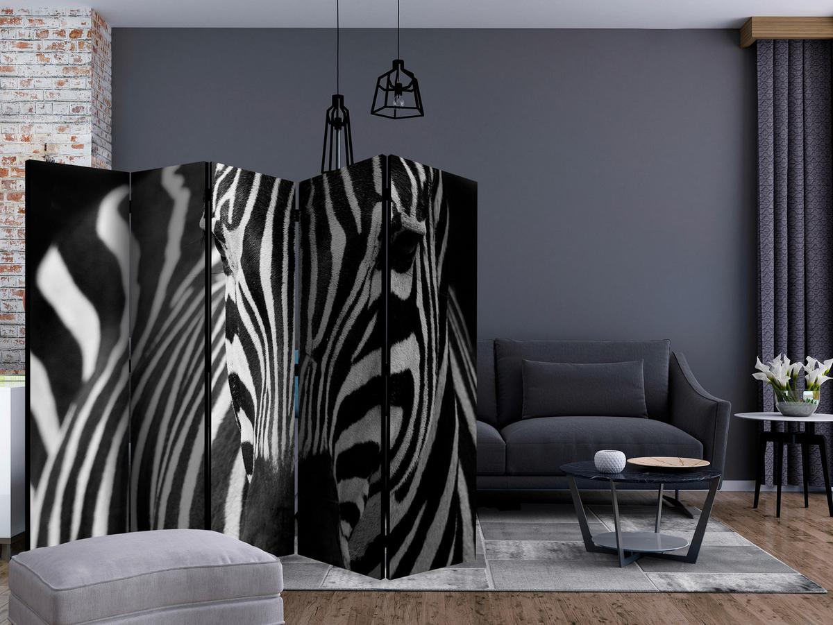 Paravent Schwarz Weiß B: 225 cm - Schwarz/Weiß, Basics, Holz/Textil (225/172/3cm) - artgeist