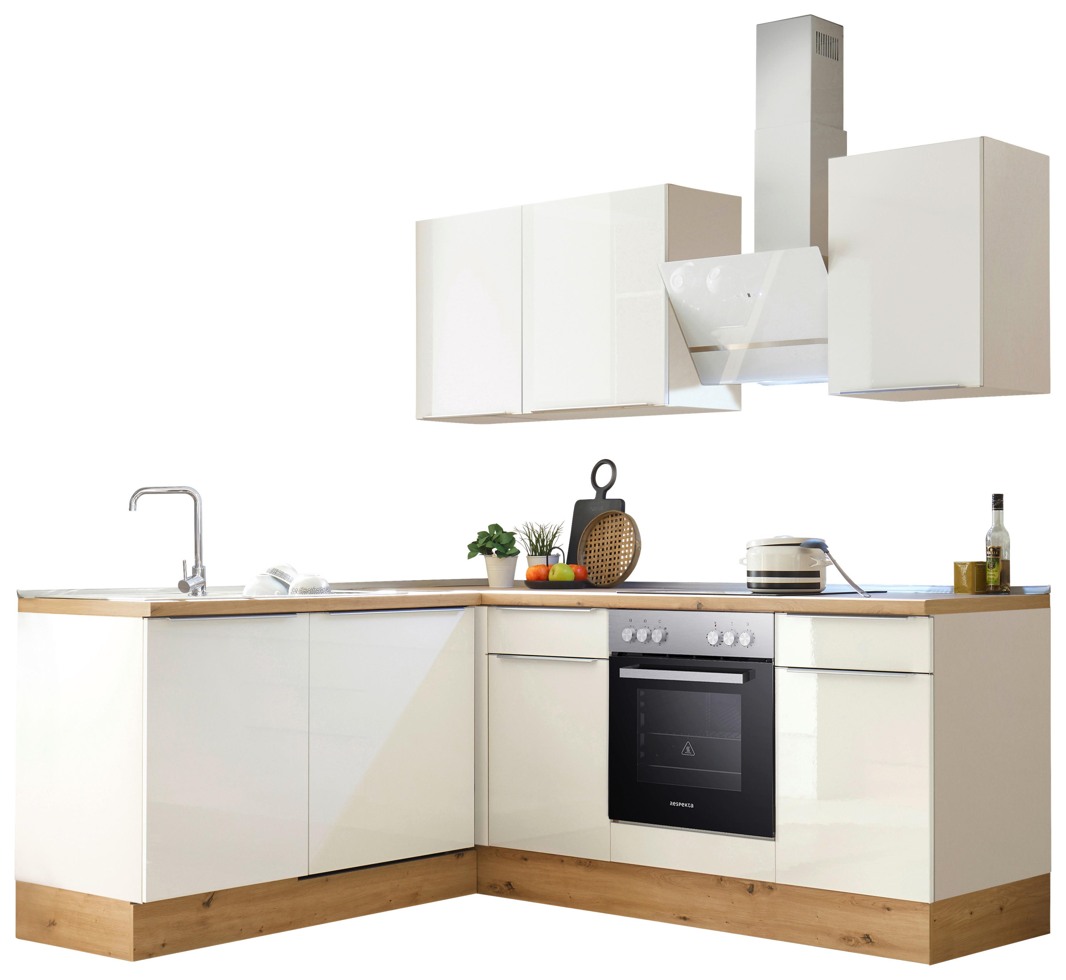 Eckküche Mit Geräten 220x170 Cm Weiß/eiche Dekor, Modern - Weiß Hochglanz/Weiß, LIFESTYLE, Holzwerkstoff (220/170cm) - Respekta