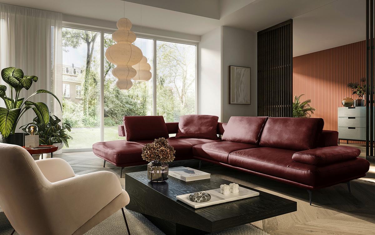 Ecksofa Como Echtleder Rot 237x306 - Rot/Schwarz, Design, Leder (237/306cm) - Livetastic