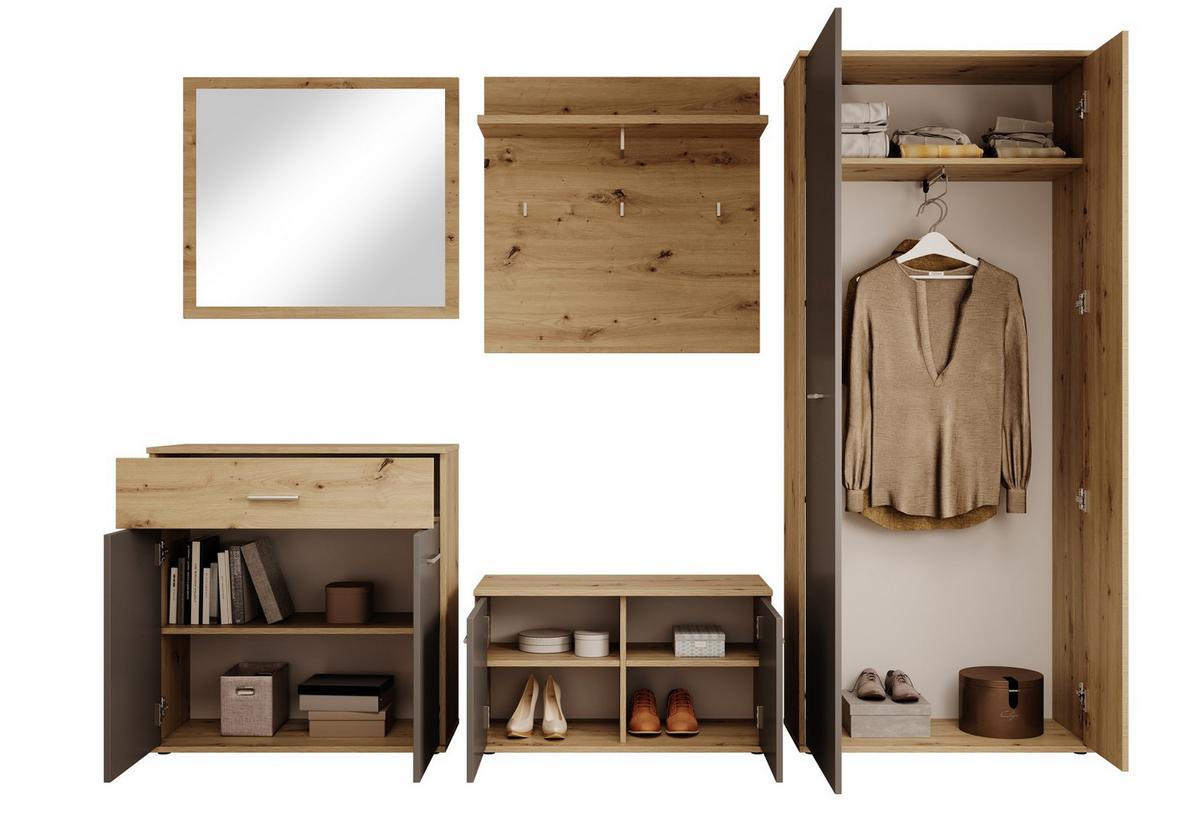Garderobe Eva 5-teilig Anthrazit/eiche Artisanb:260cm - Anthrazit/Eiche Artisan, Design, Glas/Holzwerkstoff (260/190/35cm) - MID.YOU
