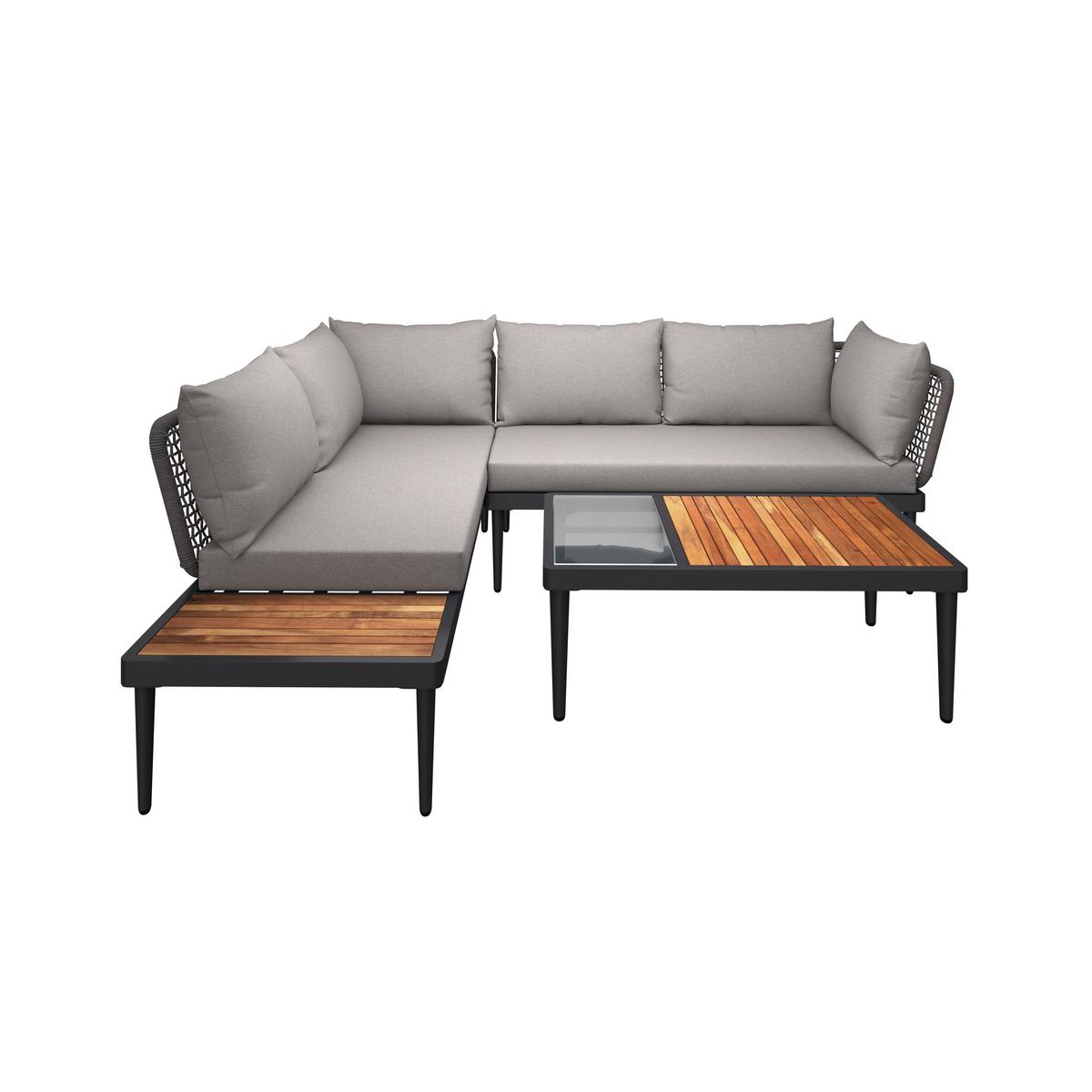 Loungegarnitur 3-Tlg. Basel aus Holz/Metall mit Kissen - Naturfarben/Grau, MODERN, Glas/Holz (186/150cm) - Beldano