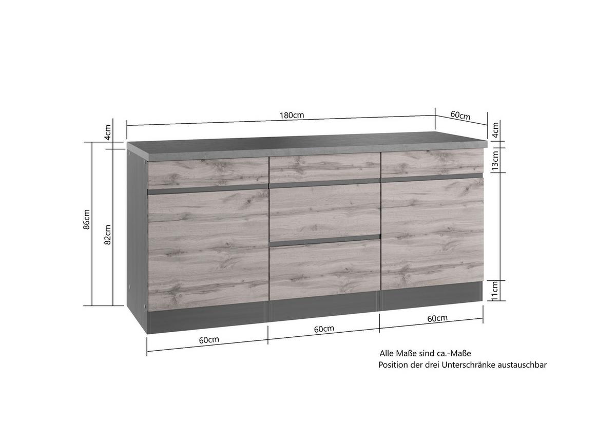 Küchenunterschrank Turin 180 cm Grau/Wotaneiche - Eiche Wotan/Grau, Design, Holzwerkstoff (180/86/60cm) - Held