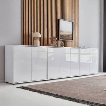 Sideboard Mailand 6 B: 263,5 cm Weiß - Weiß Hochglanz/Schwarz, MODERN, Holzwerkstoff (263,5/73/33cm) - MID.YOU