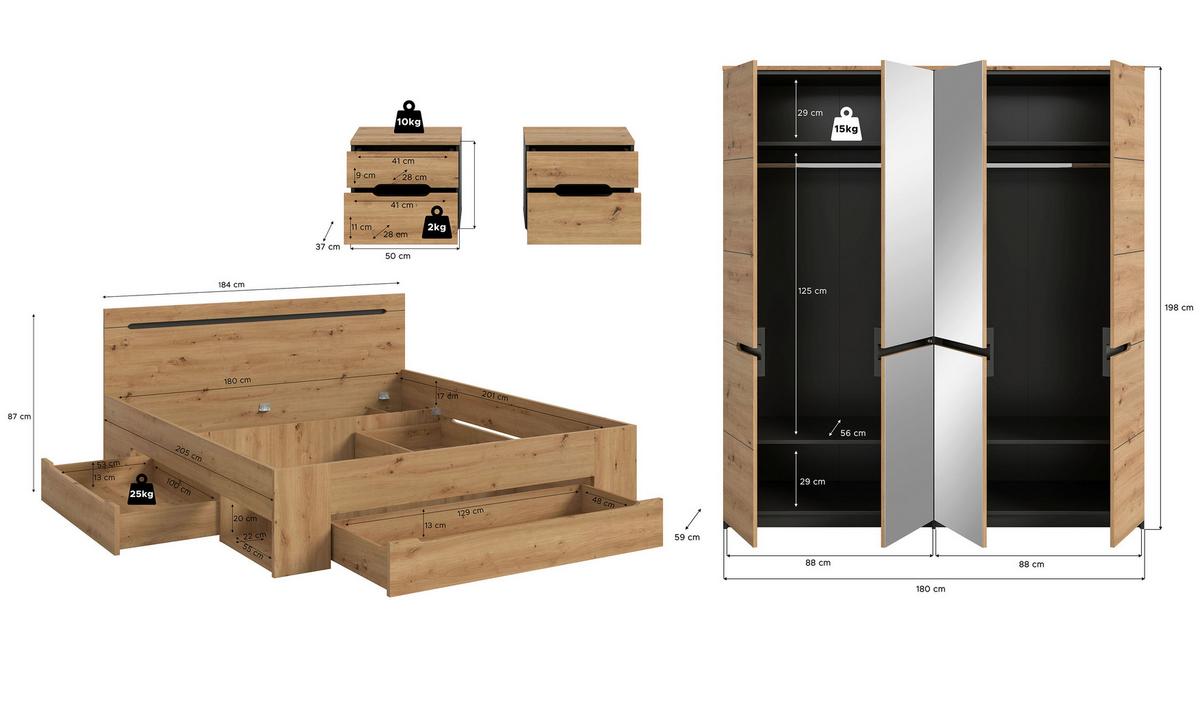 Schlafzimmer Canu Grau /Eiche Artisan Dekor 4--Teilig - Eiche Artisan/Grau, MODERN, Holzwerkstoff - MID.YOU