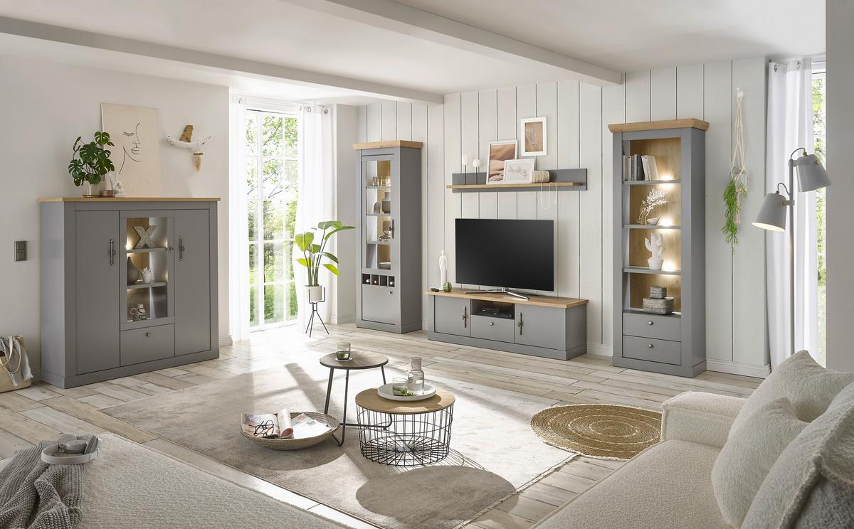 Wohnwand Chambord Hellgrau/Eichefarben B: 317cm - Eichefarben/Hellgrau, Design, Holzwerkstoff (317/201/44cm) - MID.YOU