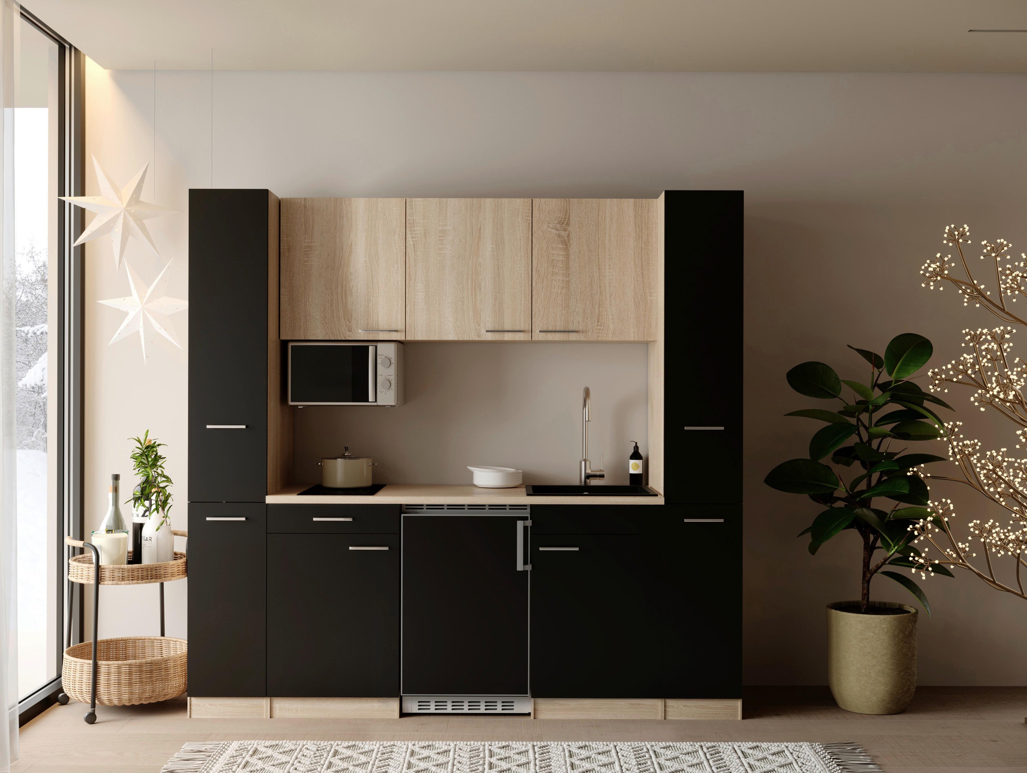 KÜCHENBLOCK Ingrid, Schwarz B: 210 cm - Eichefarben/Schwarz, Design, Holzwerkstoff (210cm) - Respekta