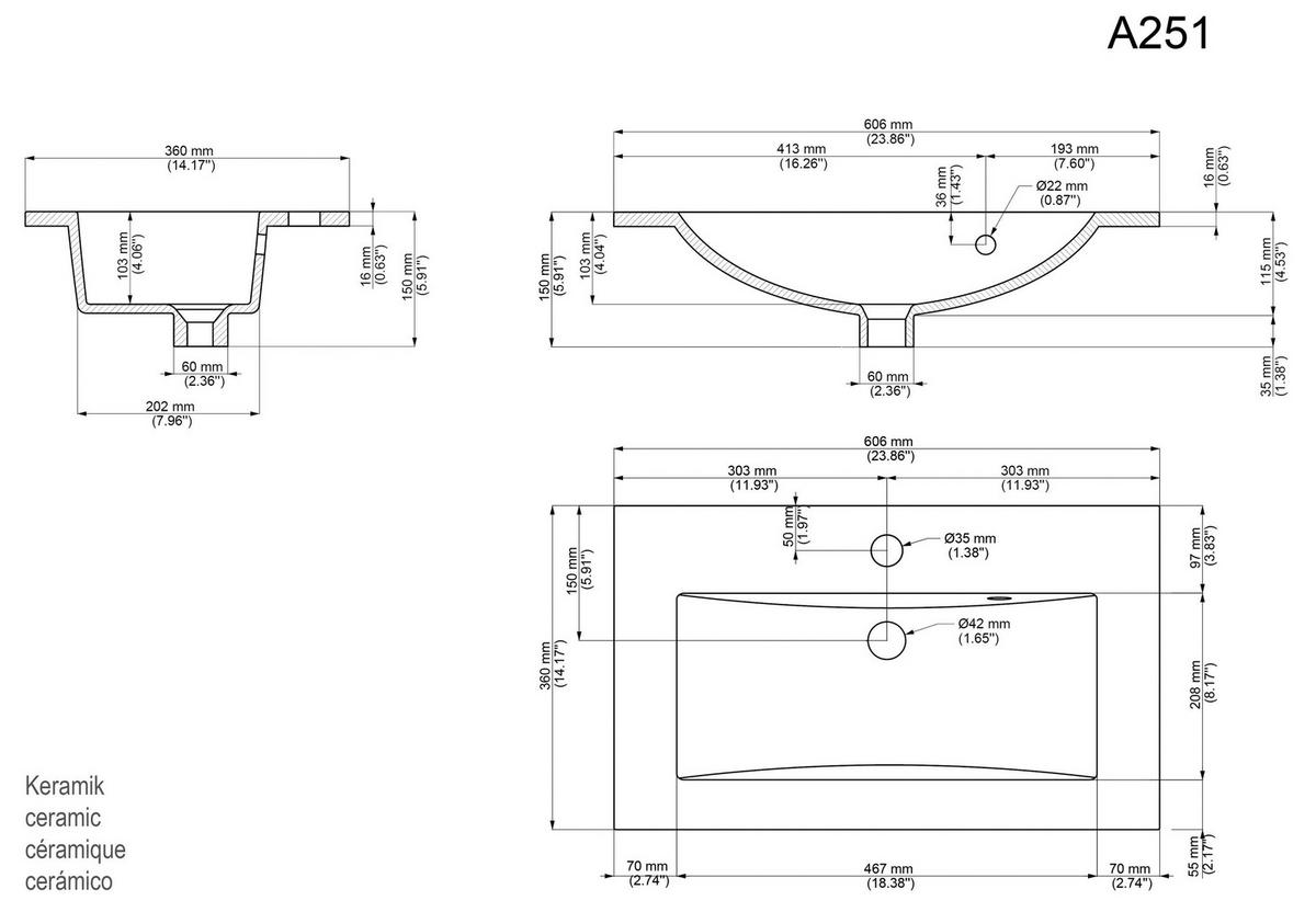 Badezimmer Portus Graphitfarben B: 60,6cm - Graphitfarben/Weiß, MODERN, Keramik/Holzwerkstoff (60,6cm) - MID.YOU