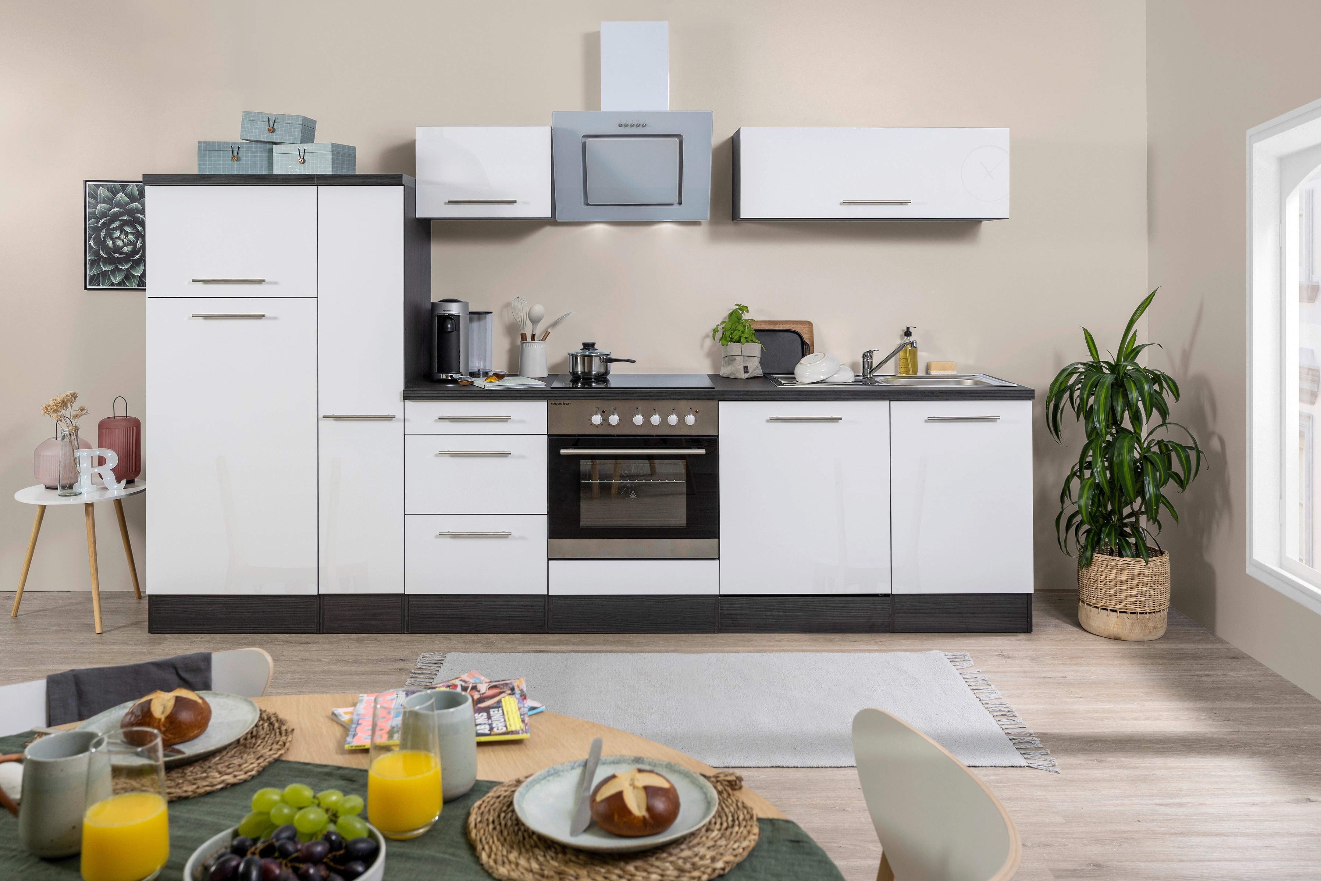Küchenzeile mit Geräten 310 cm Weiß/Grau - Eichefarben/Weiß, Basics, Holzwerkstoff (310cm) - Respekta
