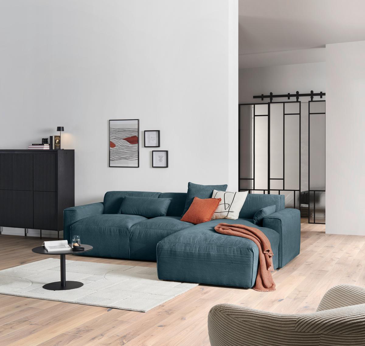 Ecksofa Pearl - Petrol/Schwarz, Design, Textil (303/196cm) - Livetastic