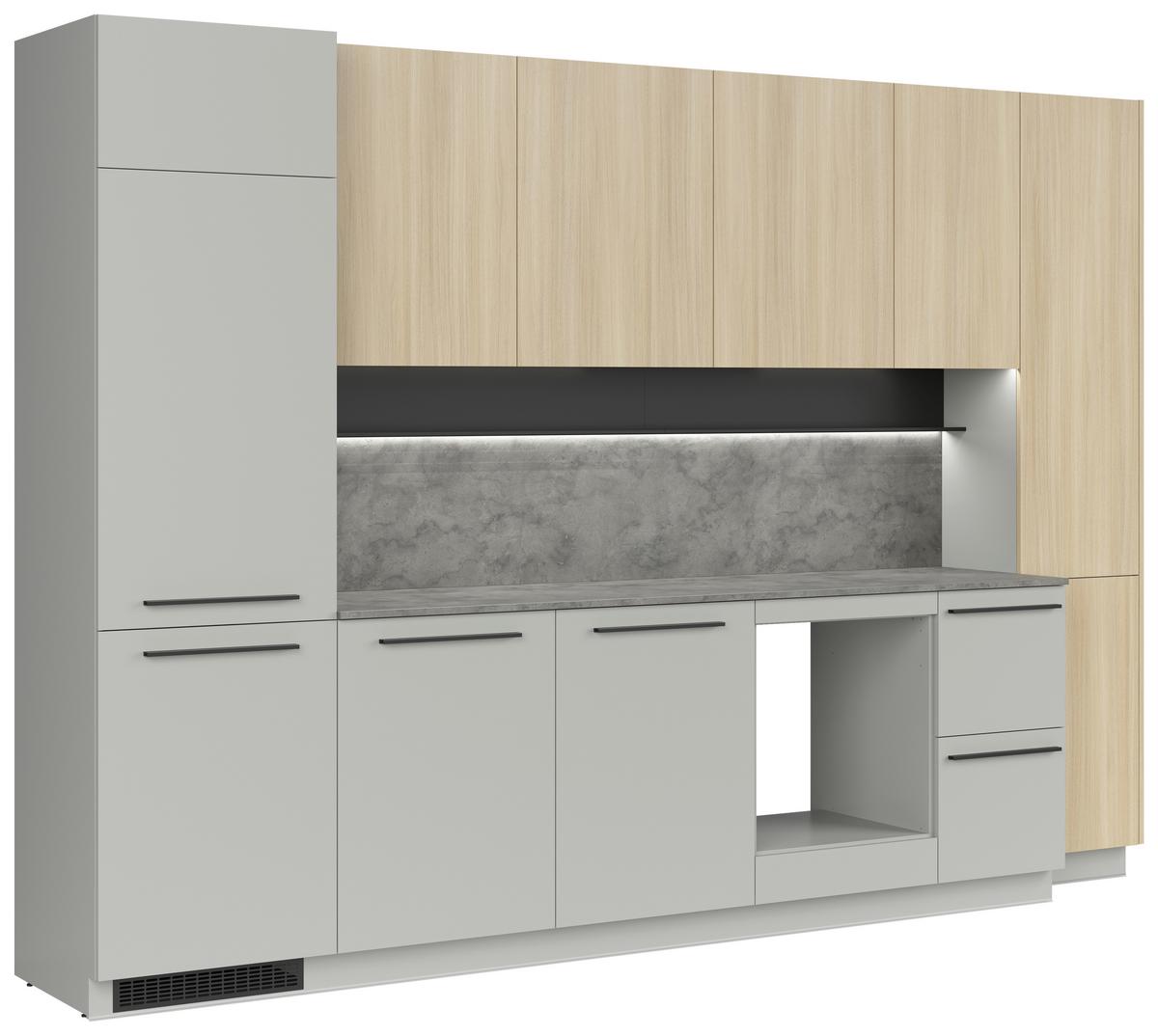 Kuchynská linka MILINO MEDIUM vrát.obkladu a LED regálu - čierna/sivá, Basics, kompozitné drevo/plast (345cm) - Visiona