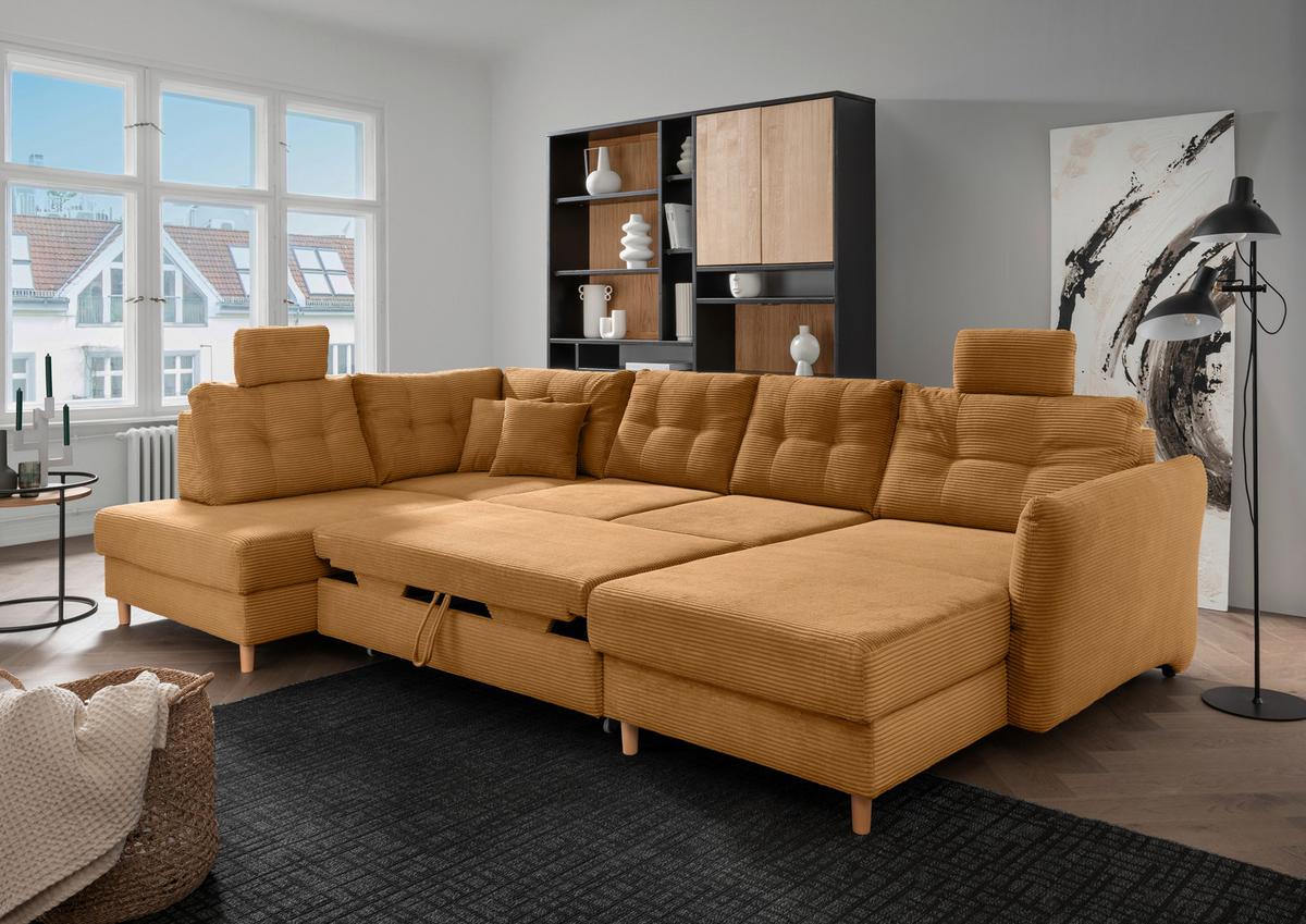 Wohnlandschaft Brizzini mit Schlaffunktion, Goldfarben - Goldfarben/Naturfarben, MODERN, Textil (206/338-352/176cm) - Livetastic