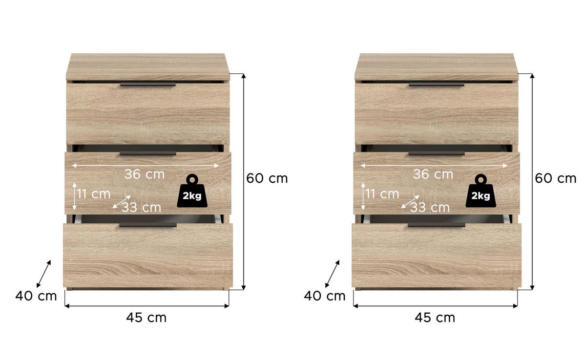 Nachtkästchenset Kopenhagen Sonoma Eiche, B: 45 Cm - Schwarz/Sonoma Eiche, MODERN, Holzwerkstoff (45/60/40cm) - MID.YOU