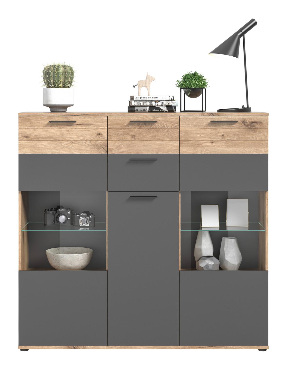 Highboard Mason Grau B: 140 cm - Schwarz/Grau, KONVENTIONELL, Glas/Holzwerkstoff (140/134/37cm) - MID.YOU