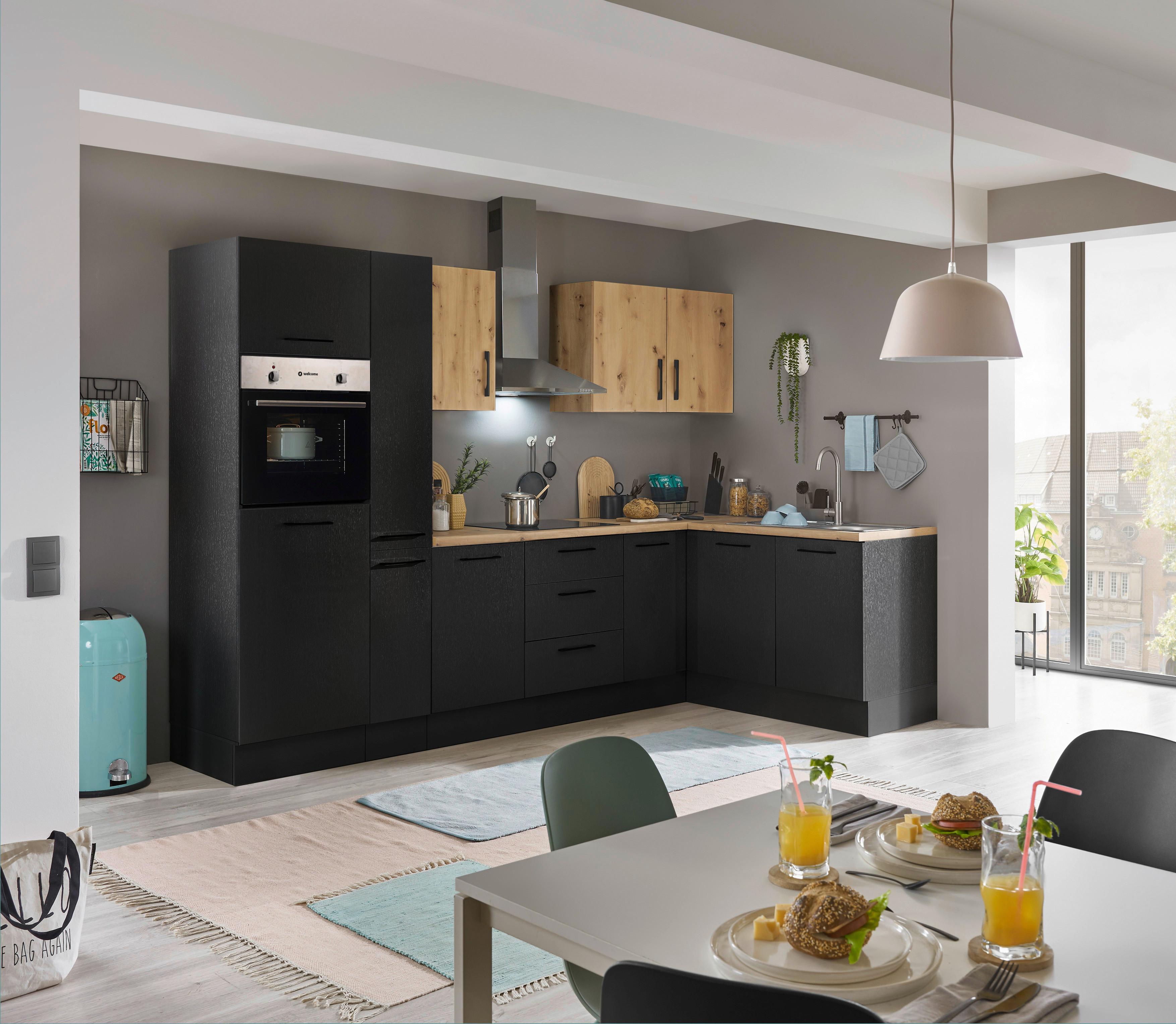 Eckküche Turin Schwarz/Eiche Dekor 300x165 cm - Schwarz/Eiche Artisan, Basics, Holzwerkstoff (300/165cm) - MID.YOU