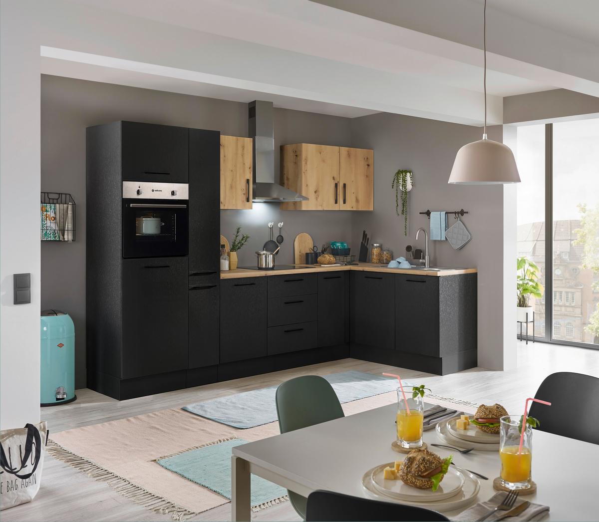 Eckküche Turin Schwarz/Eiche Dekor 300x165 cm - Schwarz/Eiche Artisan, Basics, Holzwerkstoff (300/165cm) - MID.YOU