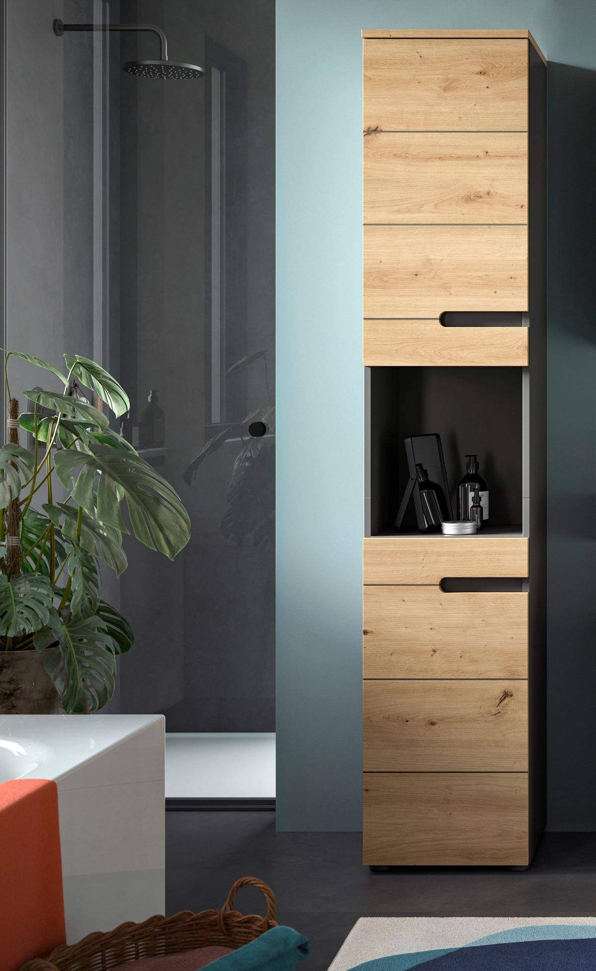 Hochschrank Canu Eiche Artisan Dekor Dunkelgrau - Dunkelgrau/Schwarz, MODERN, Holzwerkstoff (38/193/34cm) - MID.YOU