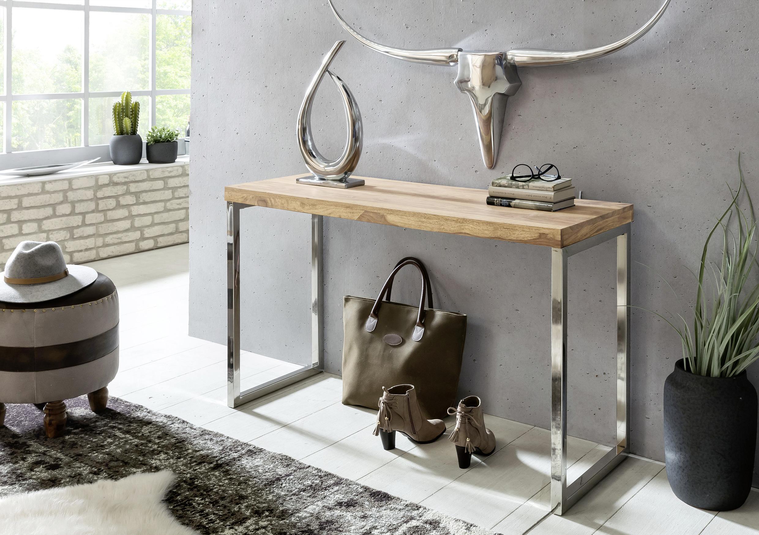 Konsolentisch Guna Akazie Massiv/Edelstahl - Chromfarben/Akaziefarben, MODERN, Holz/Metall (120/45/76cm) - MID.YOU
