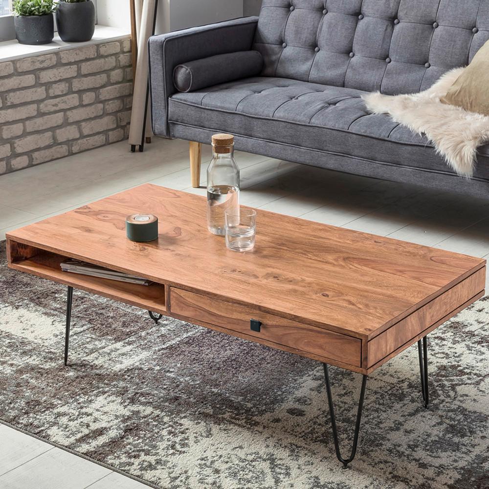 Konferenčný stolík Bagli masív - čierna/farba akácie, Design, kov/drevo (110/60/40cm) - MID.YOU