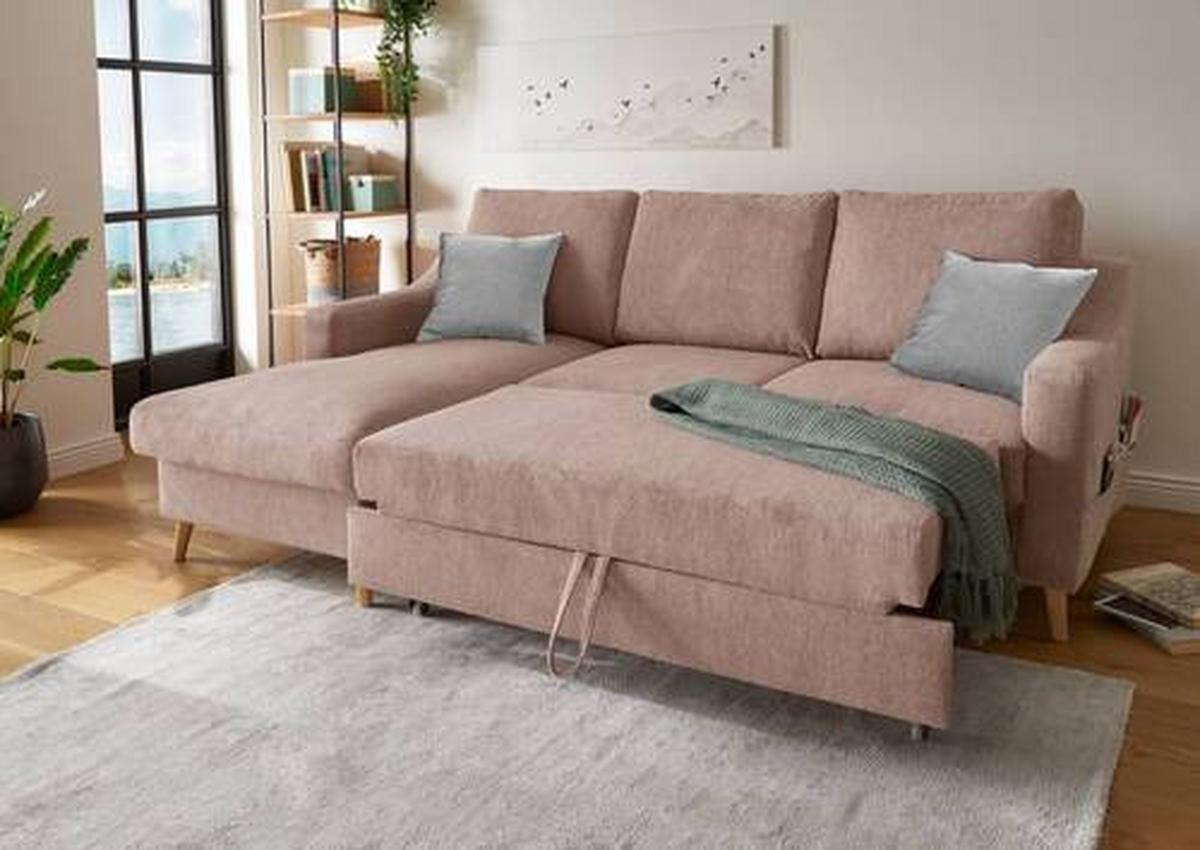 Ecksofa Mit Bettkasten Valentina Drosa Massiv - Dunkelrosa/Naturfarben, Design, Textil (150/228cm) - MID.YOU