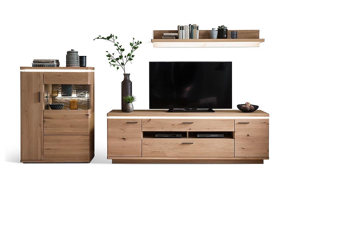 Wohnkombination Teilmassiv 3tlg. Mit Led Barcelona Eichef. - Eichefarben, Design, Glas/Holz (315/175/50cm) - Livetastic