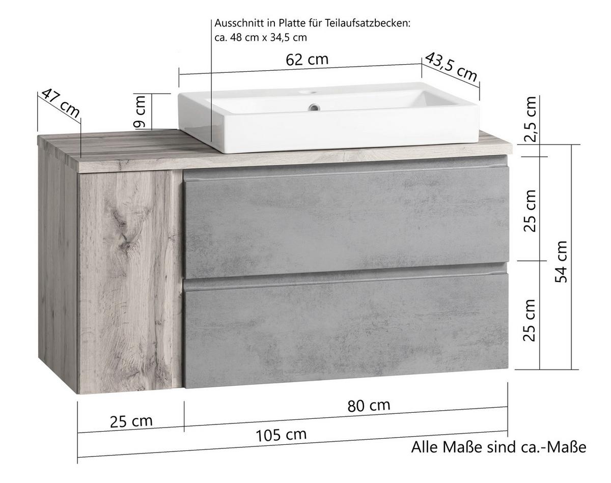 Waschbecken Mit Unterschrank Varese B:105 Cm Hellgrau/eiche - Eiche Wotan/Hellgrau, MODERN, Keramik/Holzwerkstoff (105cm) - Held