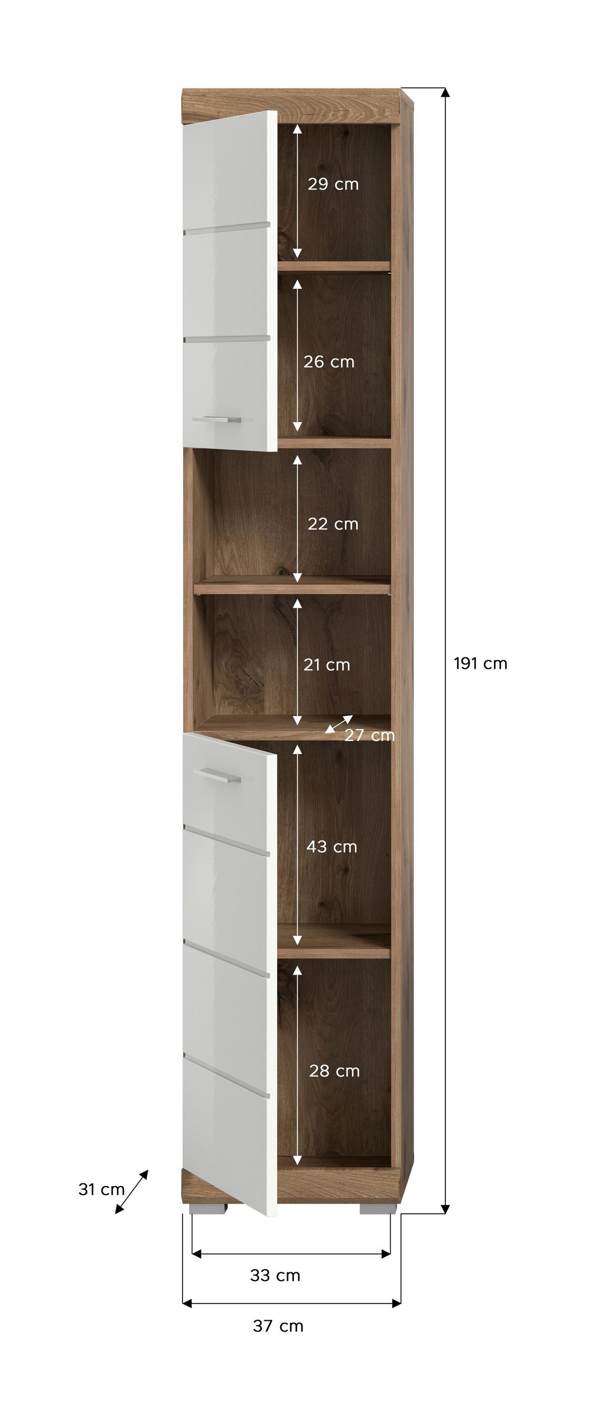 Hochschrank Wave Eichefarben Dekor Weiß Hg - Weiß Hochglanz/Eichefarben, MODERN, Holzwerkstoff (37/191/31cm) - MID.YOU