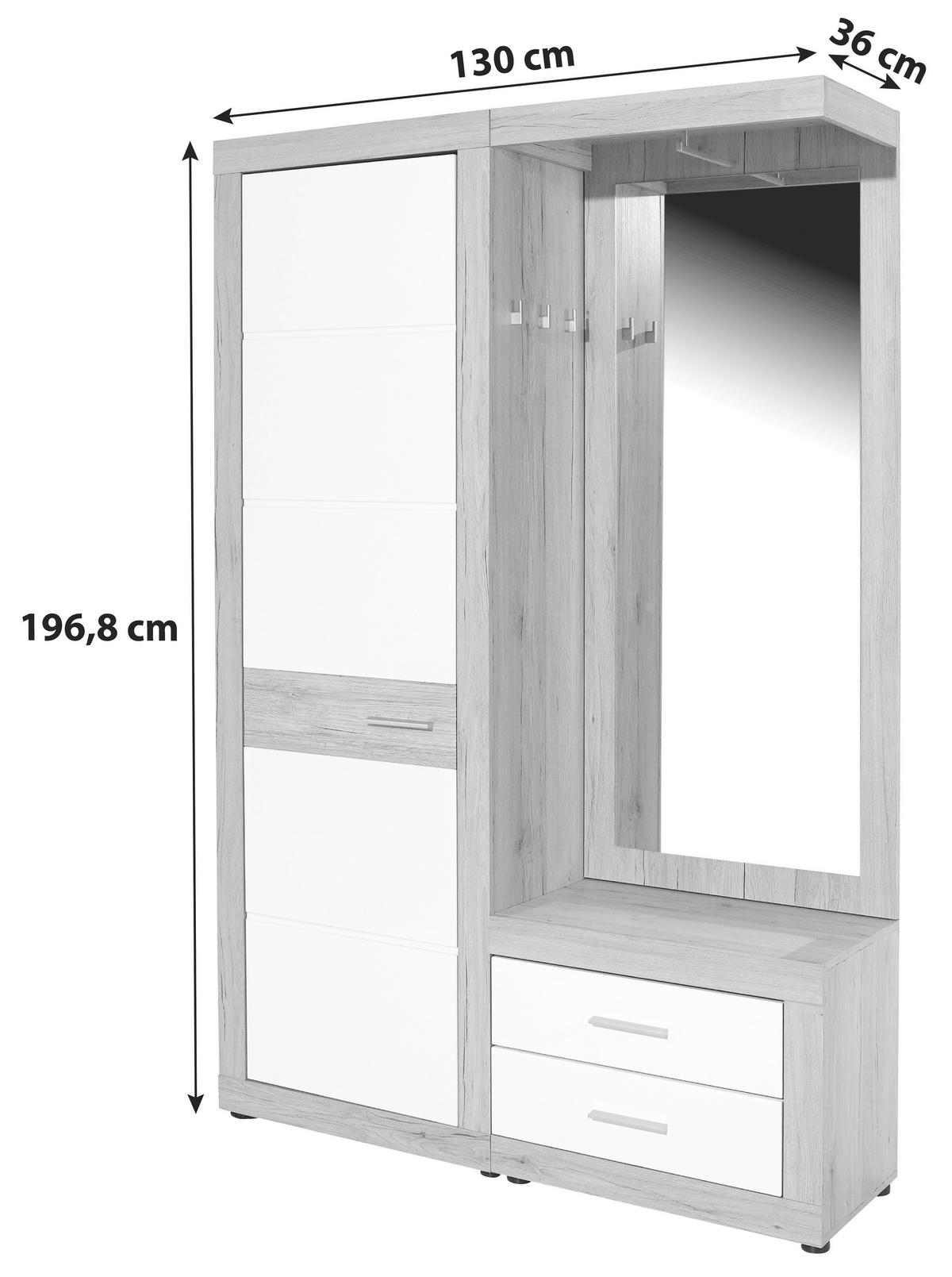 Šatna MALTA - bílá/barvy dubu, Moderní, kompozitní dřevo (130/197/36cm)