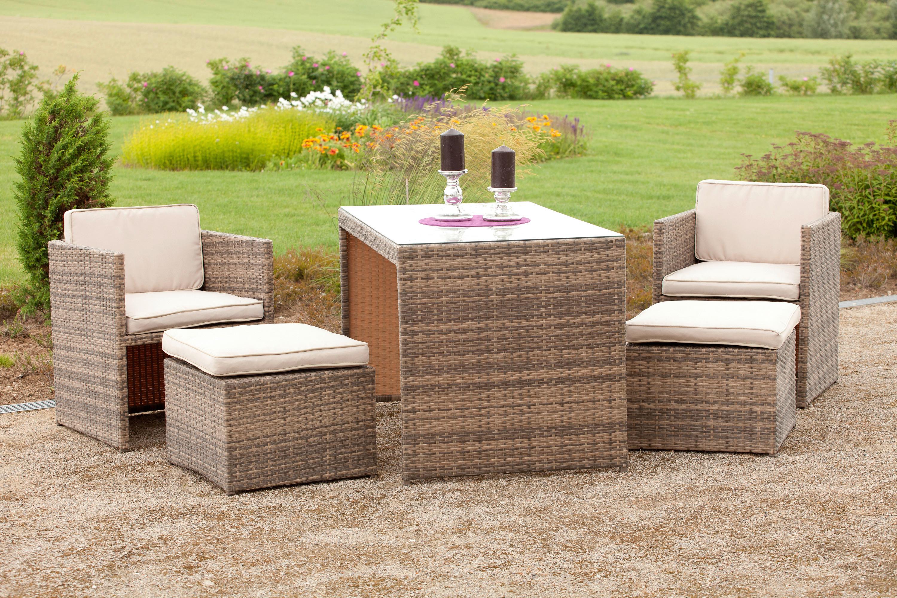 Gartengarnitur 11-tlg Merano Kunststoff mit Kissen - Beige/Naturfarben, MODERN, Glas/Kunststoff - Gardenson