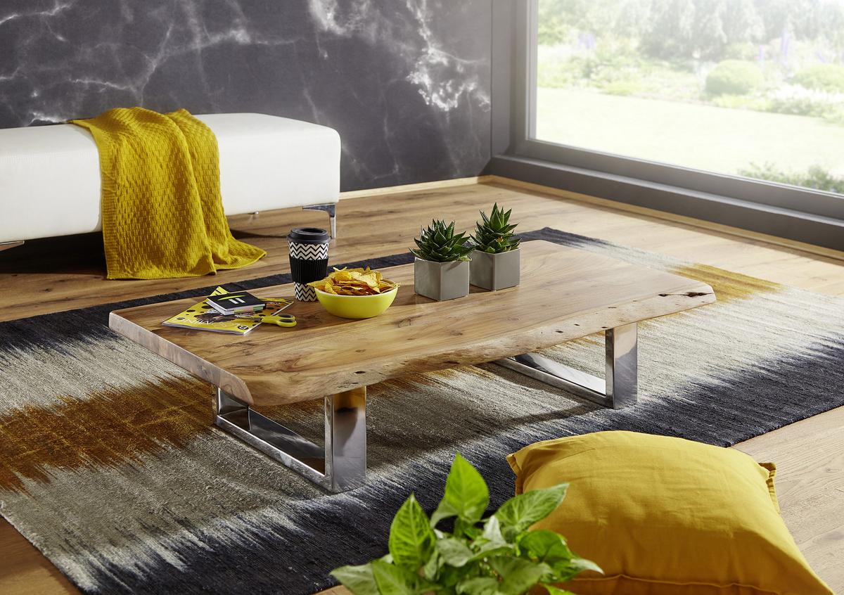 Couchtisch mit Holzplatte Asura, Akazie/Chromfarben - Chromfarben/Akaziefarben, Design, Holz/Metall (115/58/25cm) - MID.YOU