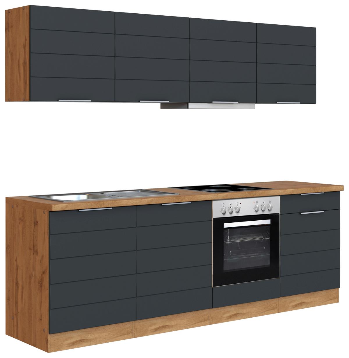 Küchenzeile Florenz mit Geräte B: 240 cm Grau/Eiche Dekor - Eiche Wotan/Grau, Design, Holzwerkstoff (240cm) - Held
