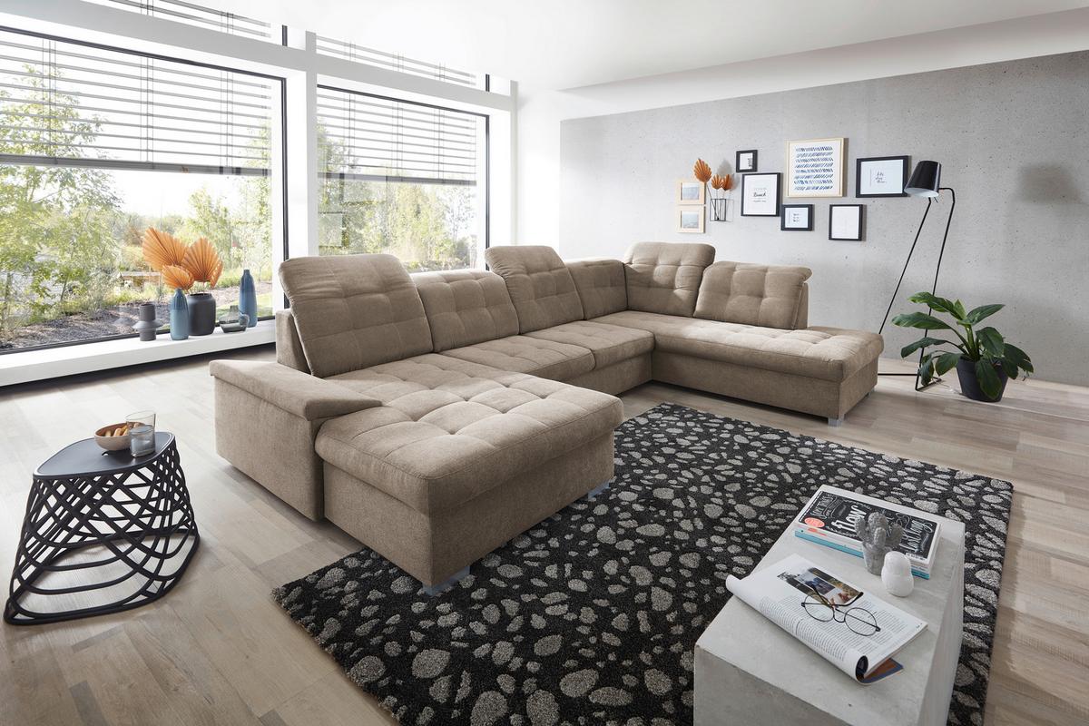 Wohnlandschaft Zira Mit Schlaffunktion Taupe - Taupe/Chromfarben, Design, Textil (169/330/212cm) - Livetastic