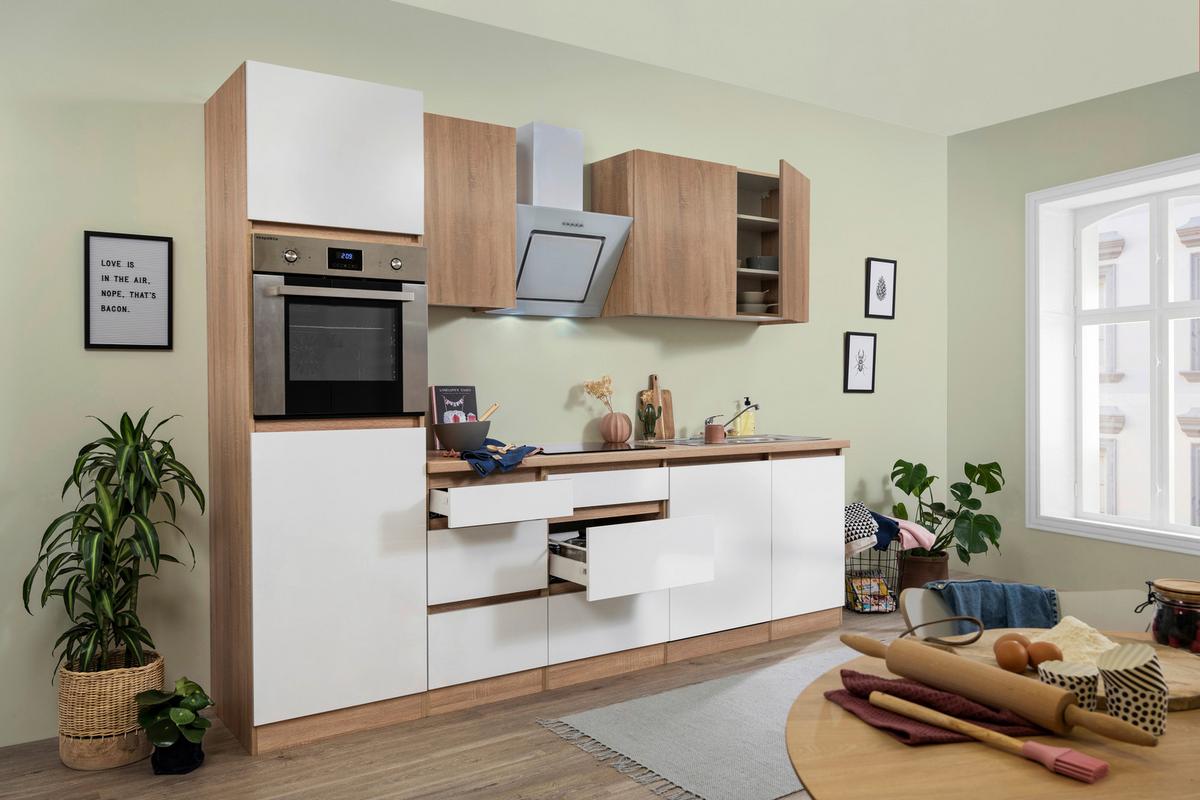 Küchenzeile Premium M. Geräten 280 Cm Weiß/eiche Dekor - Eichefarben/Weiß Hochglanz, Basics, Holzwerkstoff (280cm) - Respekta