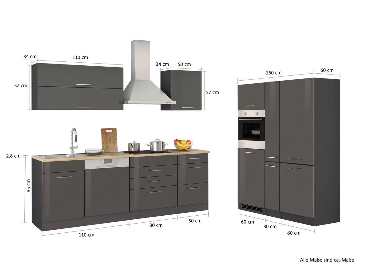 Küchenblock Mailand Graphitfarben B: 390cm - Graphitfarben/Sonoma Eiche, MODERN, Holzwerkstoff (390cm) - Held