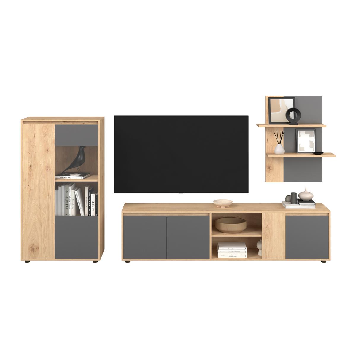 Wohnwand Caneva Anthrazit/Eichefarben B: 268cm - Anthrazit/Schwarz, MODERN, Glas/Holzwerkstoff (268/134/40,3cm)