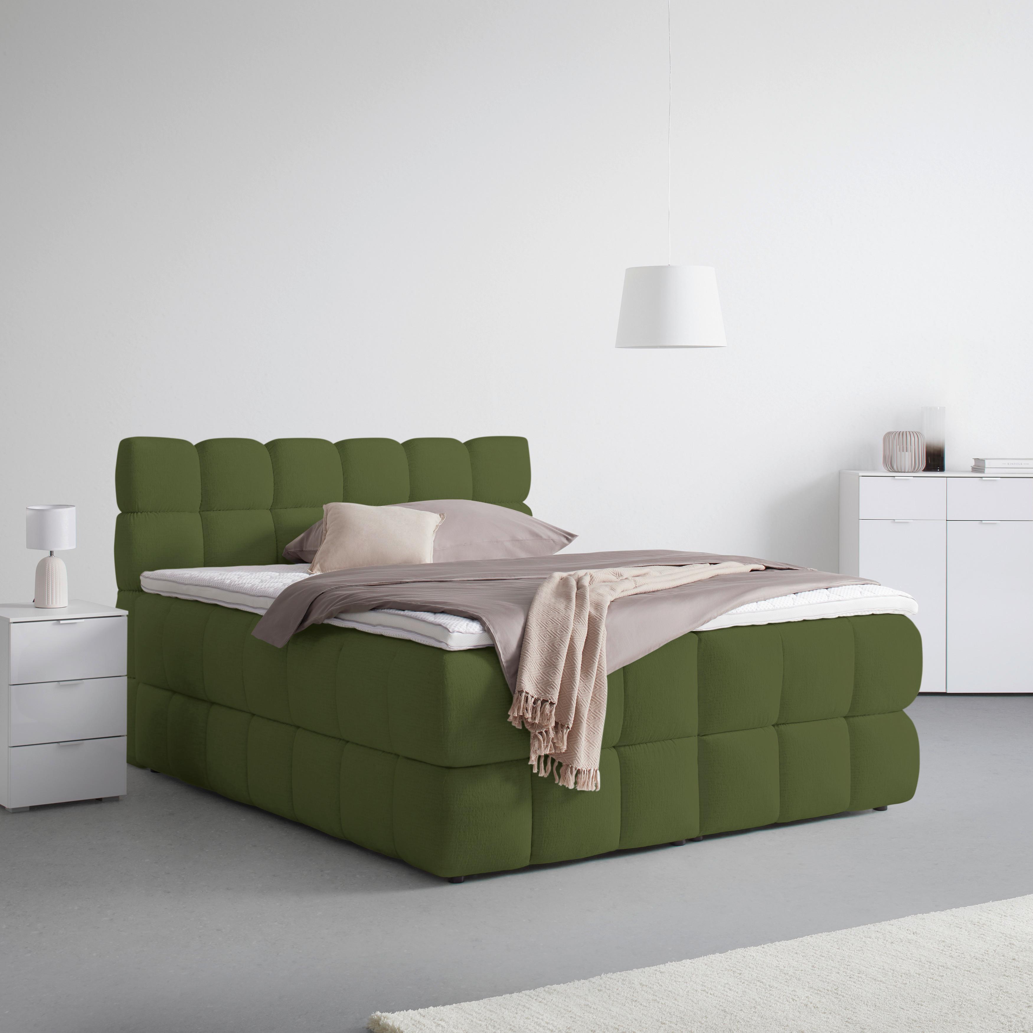 Boxspring posteľ BUBBLE BOX 180/200 cm, zelená - olivovozelená/čierna, Konventionell, kov/drevo (180/200cm) - Premium Living