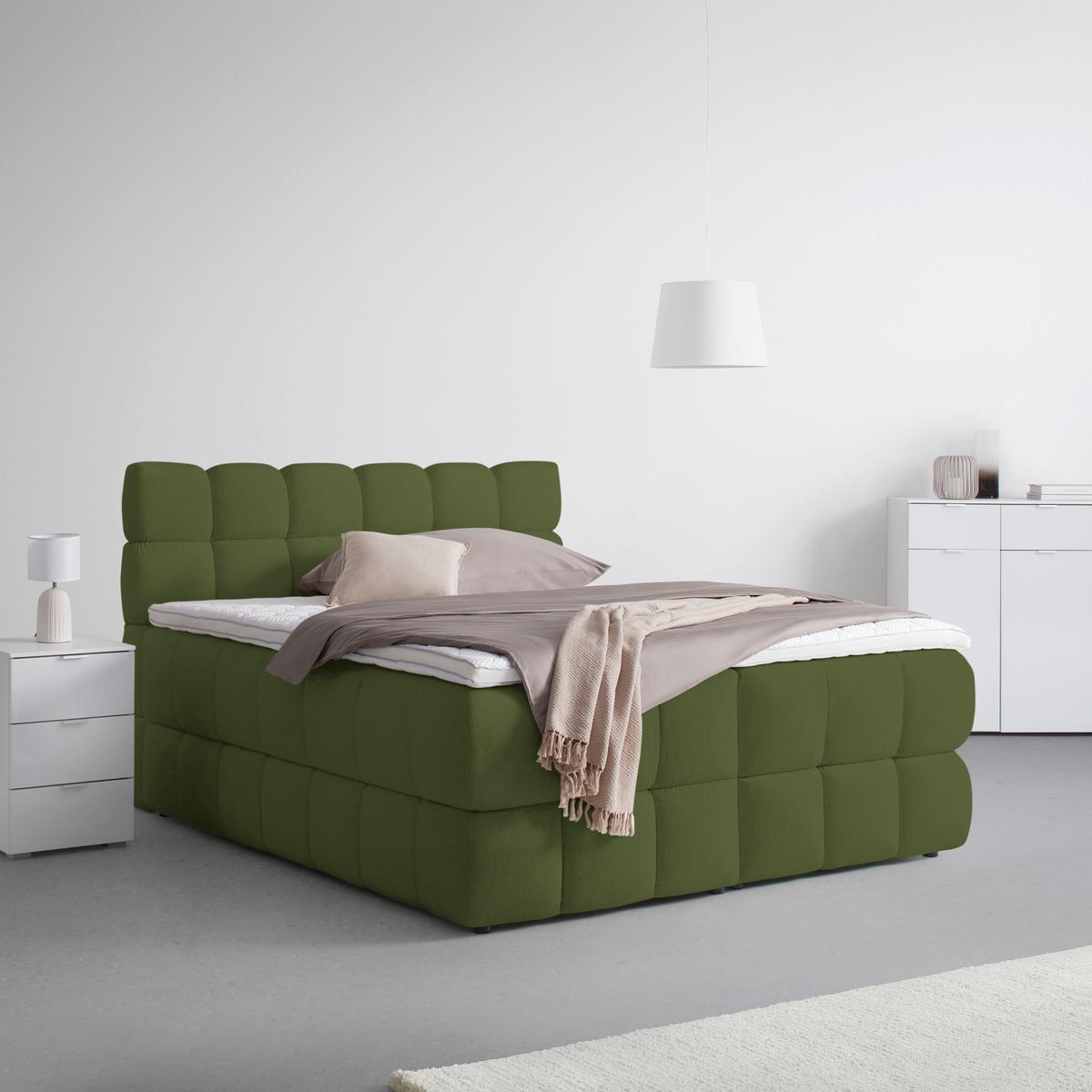 Boxspring posteľ BUBBLE BOX 180/200 cm, zelená - olivovozelená/čierna, Konventionell, kov/drevo (180/200cm) - Premium Living