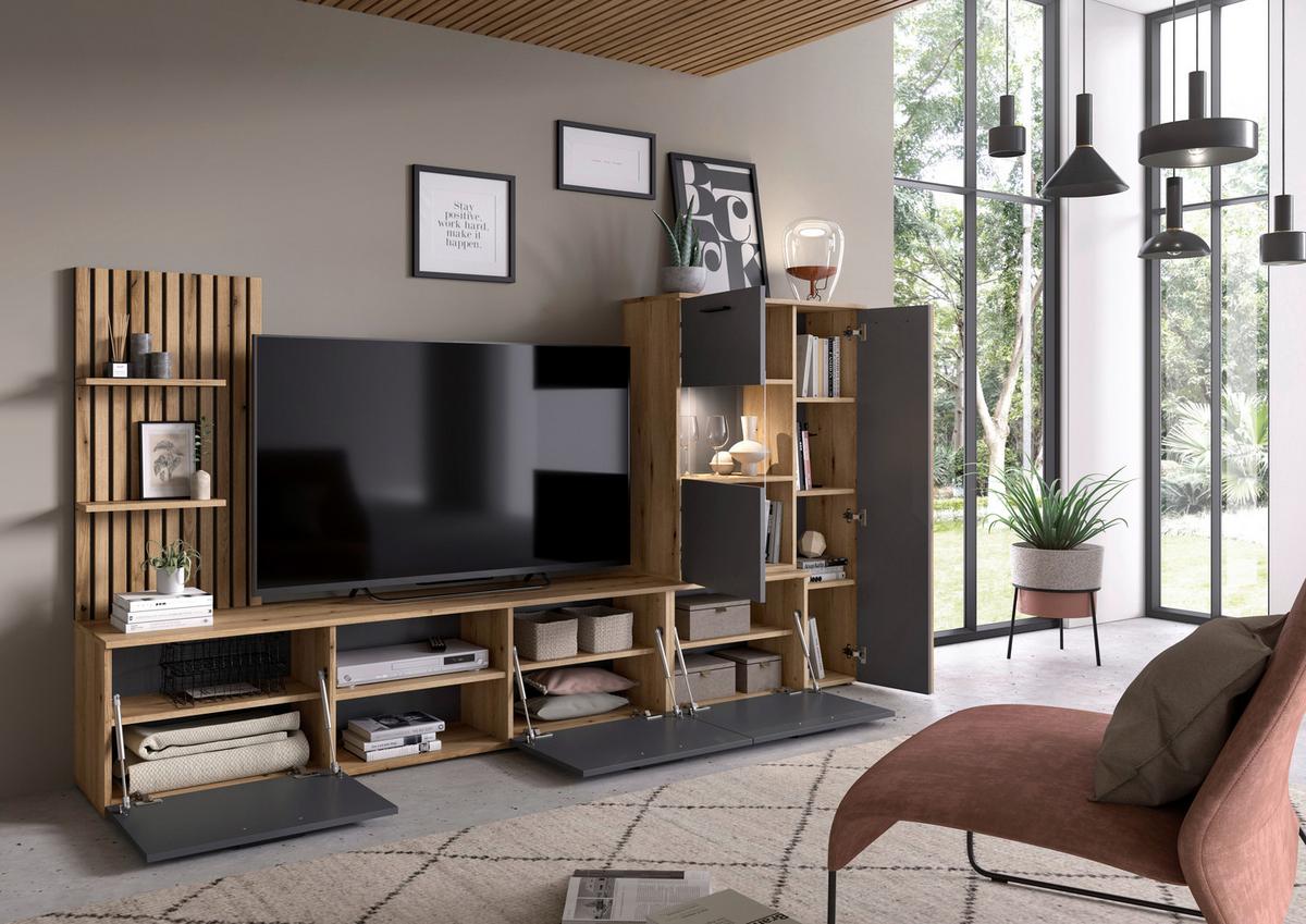 Obývačková stena Mailand š: 250cm - čierna/farba duba, Modern, kompozitné drevo/plast (250/135/38cm) - Mömax