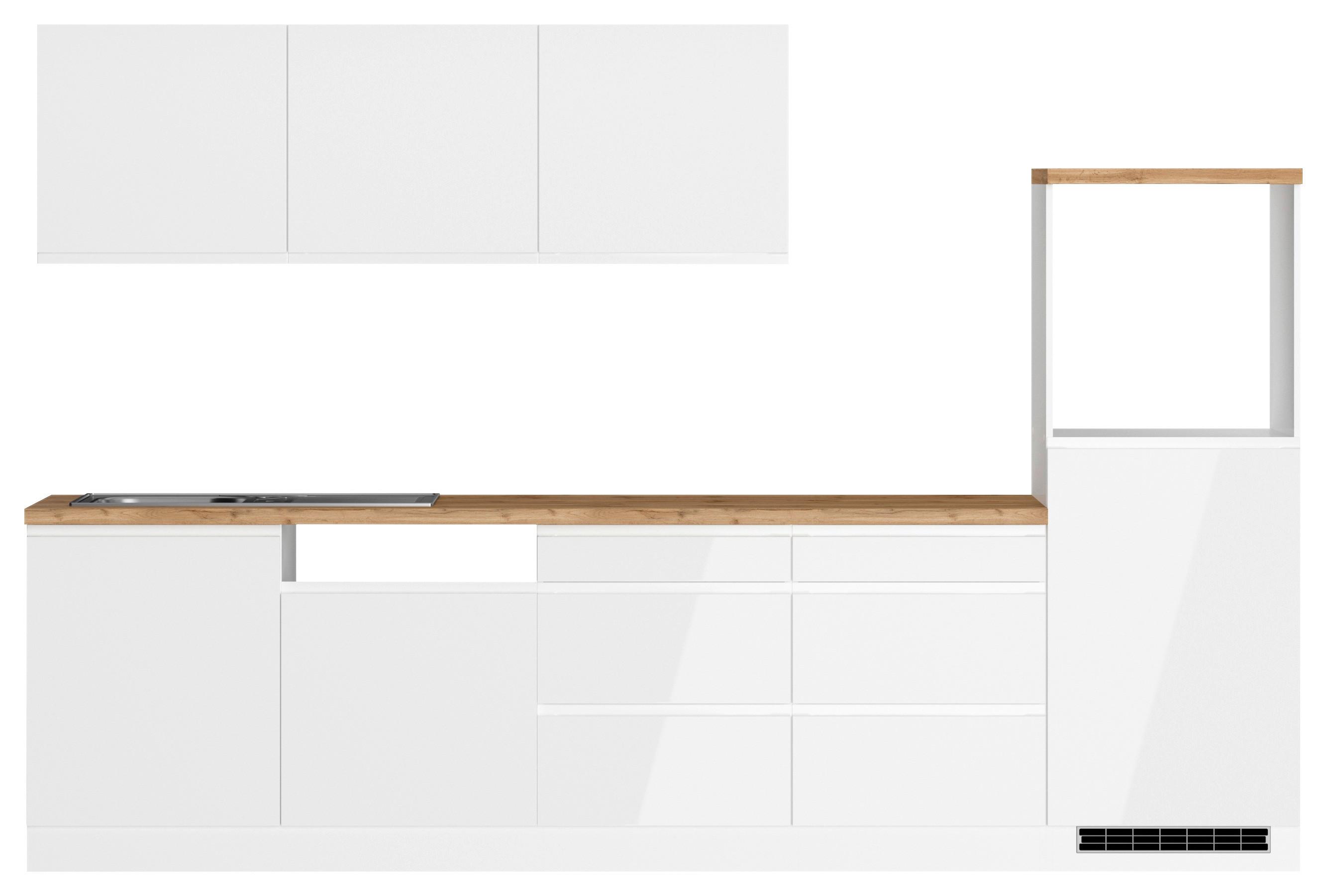 Küchenzeile Monza ohne Geräte B: 300 cm Weiß/Eiche Dekor - Weiß Hochglanz/Eiche Wotan, LIFESTYLE, Holzwerkstoff (300cm) - Held