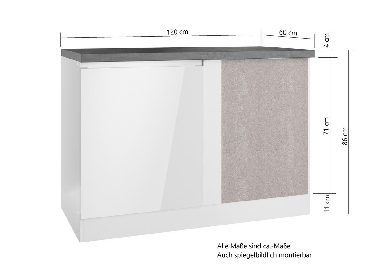 Eckunterschrank Monza B: 120cm Weiß/Grau 1 Drehtüre - Weiß Hochglanz/Weiß, LIFESTYLE, Holzwerkstoff (120/86/60cm) - Held