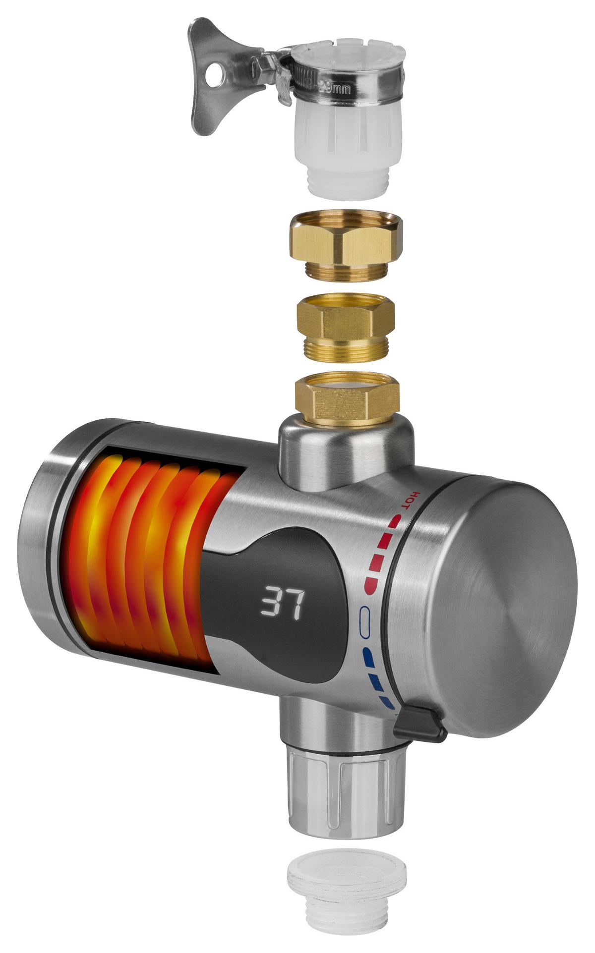 Durchlauferhitzer Maxxmee B: 10 cm Edelstahlfarben 3300W - Edelstahlfarben/Schwarz, Basics, Kunststoff/Metall (10/10/14cm)