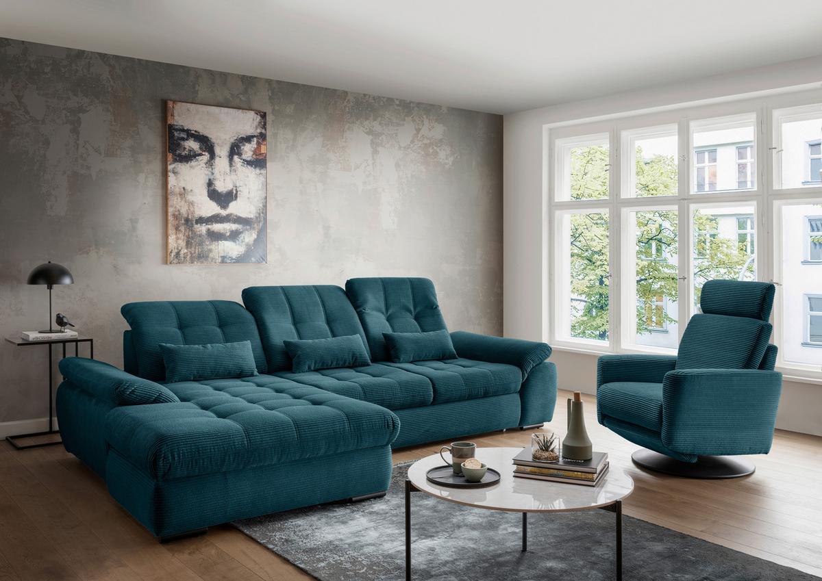 Ecksofa mit Bettkasten Rigatti Petrol S: 184x314 cm - Petrol/Schwarz, MODERN, Textil (184/314cm) - Livetastic