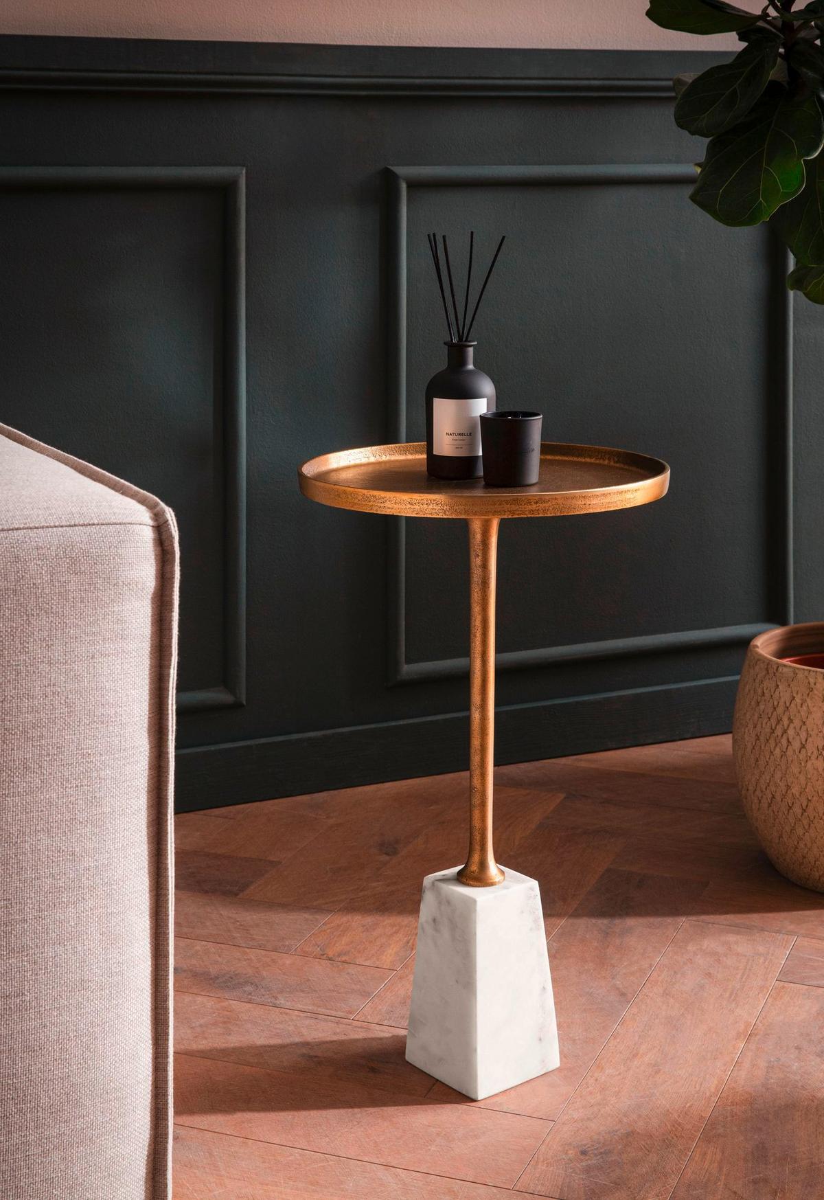 Beistelltisch Weiß, Goldfarben L: 34 cm - Goldfarben/Weiß, Design, Stein/Metall (34/34/58cm) - Livetastic