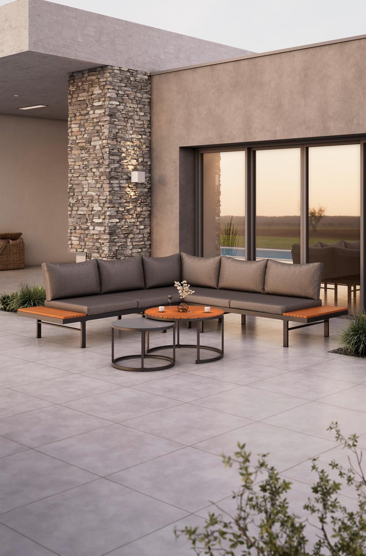 Loungegarnitur 4-Tlg. Zürich Holz/Metall/Glas mit Kissen - Naturfarben/Grau, MODERN, Glas/Holz (261/261cm) - Beldano