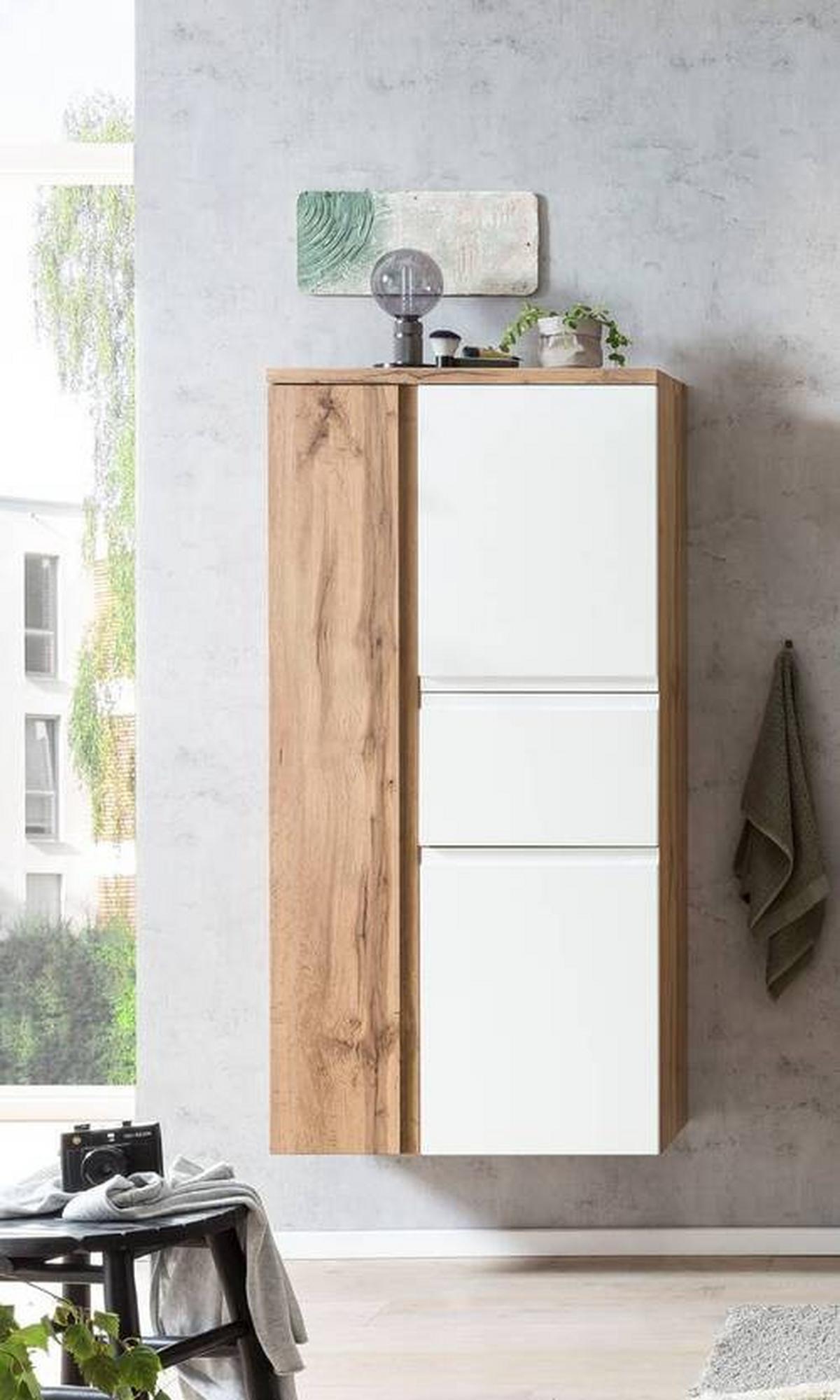 Midischrank Bad Varese B: 65 cm Weiß/Wotaneiche Dekor - Silberfarben/Eiche Wotan, MODERN, Holzwerkstoff (65/130/35cm) - Held