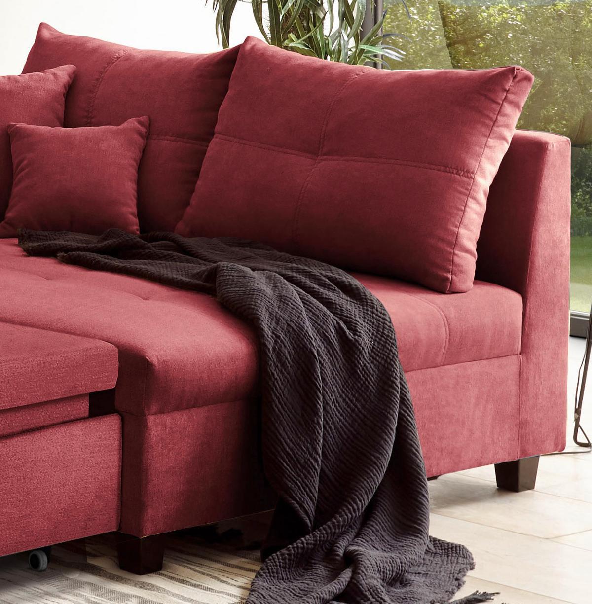 Ecksofa Mit Schlaffunktion + Kissen Lea, Polyester-Nylon - Beere/Schwarz, Basics, Holzwerkstoff/Textil (248/176cm) - MID.YOU
