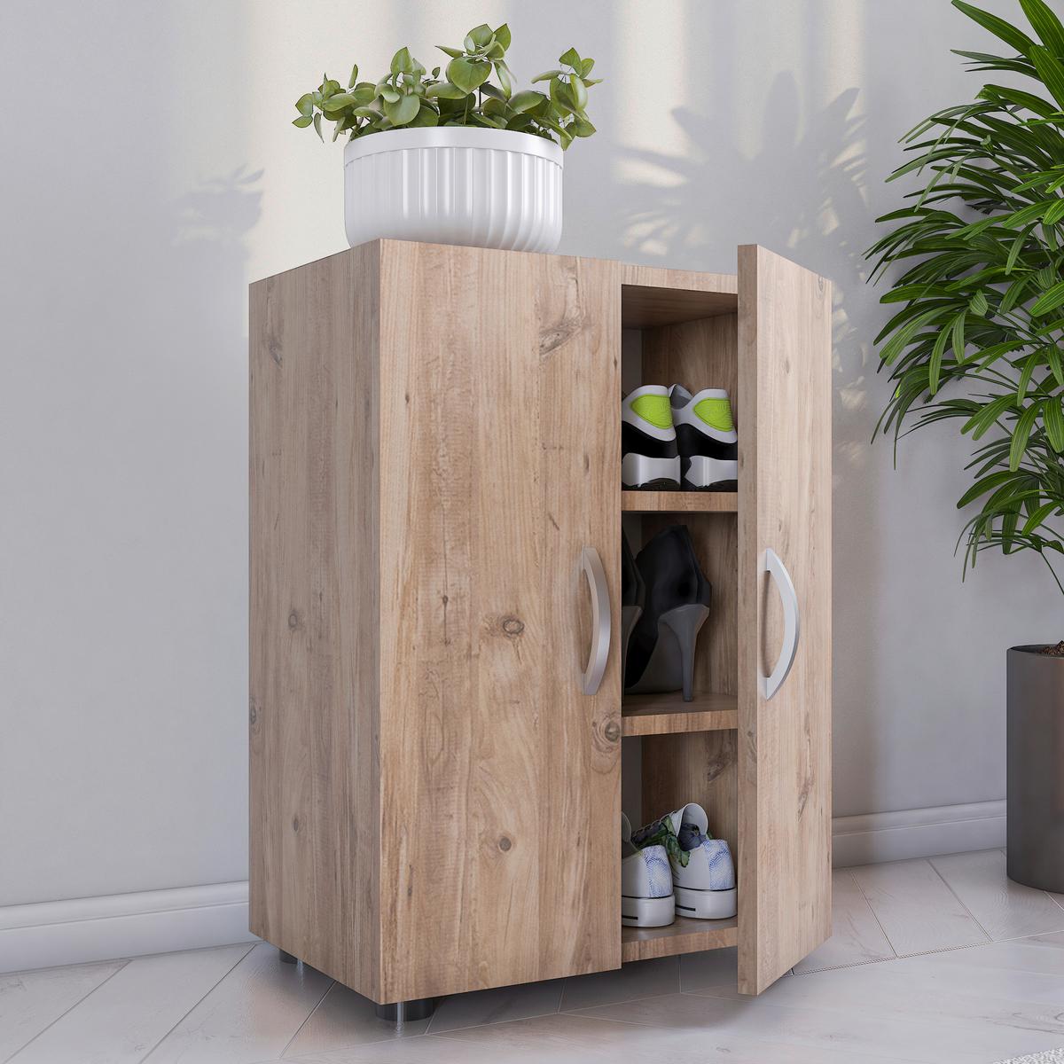 Skrinka na topánky ULAS dekor dub medový - sivá/dub medový, Modern, kov/kompozitné drevo (49/74/30cm) - MID.YOU